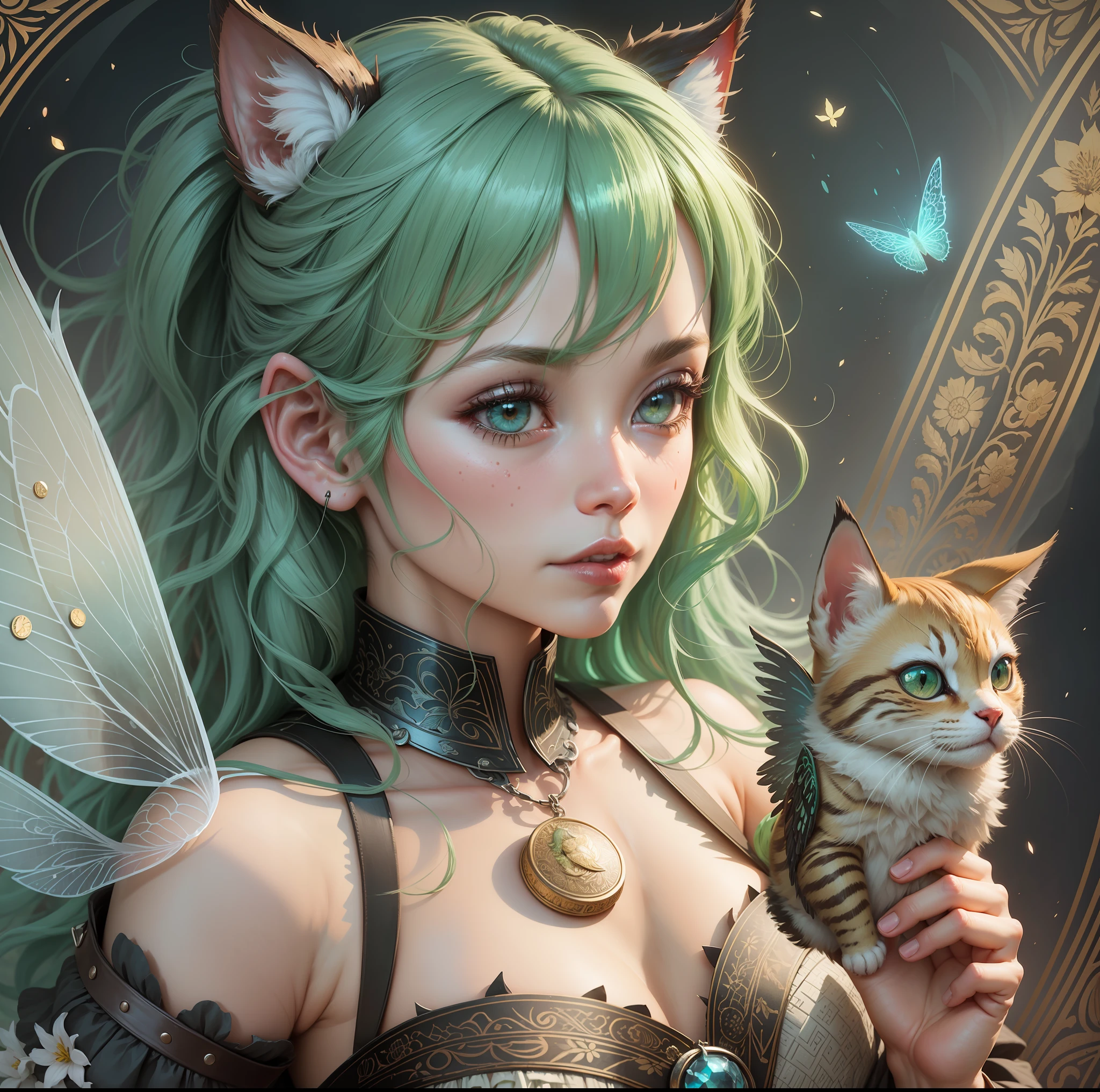 Closeup of a coin with a woodcut carved into a wooden board depicting a woman with green hair and cat ears. The work is a fusion of the styles of artists such as Guweiz, Artgerm, Loish and Wlop. The woman is portrayed as a fairy, emanating a magical and enchanting aura. The woodcut displays intricate details, capturing the delicacy of the fairy's face features and the complexity of the patterns on its wings. The digital art is applied in a way that enhances the beauty of the character, with soft and vibrant tones. The woodcut transports the viewer to a fantasy world, with a captivating and inspiring atmosphere. The work is a tribute to the artists who influenced this style, combining elements of his characteristic technique. It is a unique and charming representation of a fairy in a woodcut., Arabic text, coins of secret societies, coins, depicted in 3D rendering, front view, engraving --auto --s2