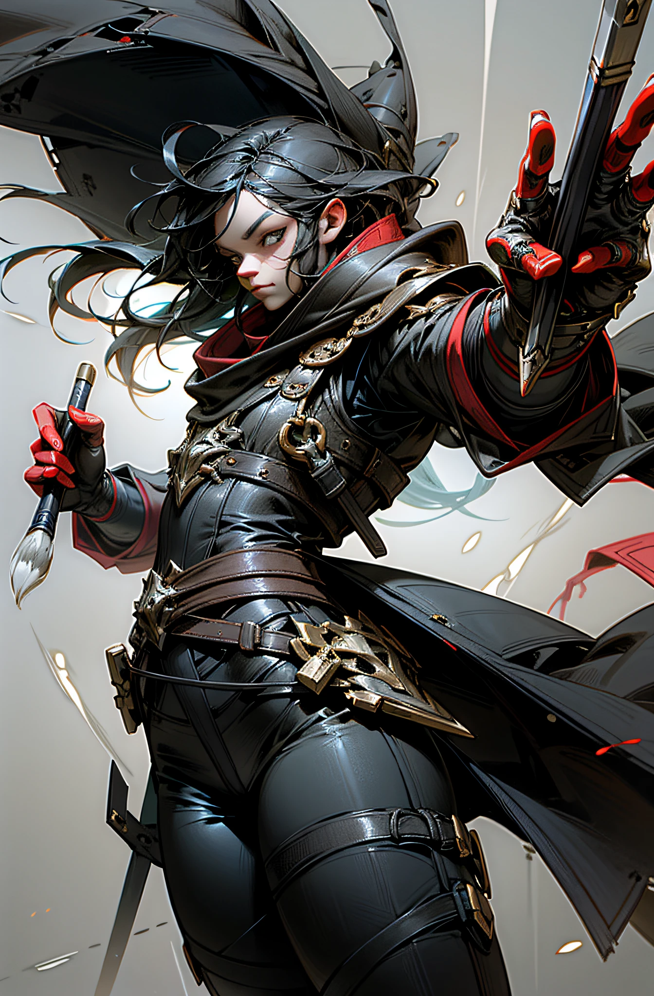 0 damage assassine, an assassin who likes to paint, holding a brush, fantasy, marvel, absolutely stunning art, art of the highest quality, highest resolution, hyper detailed, black and red