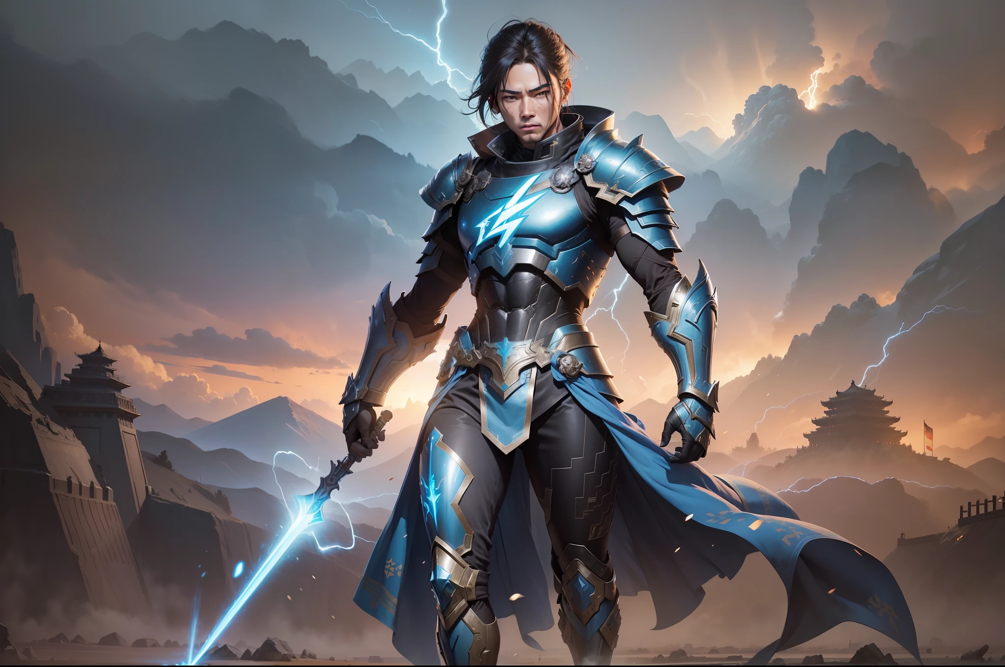(General in ancient armor: 1.2), blue and black lightning light effect particles emitted on the body, (background of ancient battlefield on the border of Qin Kingdom: 1.1), (best quality), full body, ultra-wide angle, clear HD, 8K resolution, digital painting, concept art, Shinkai Makoto style, POP trend, Pixiv hot trend