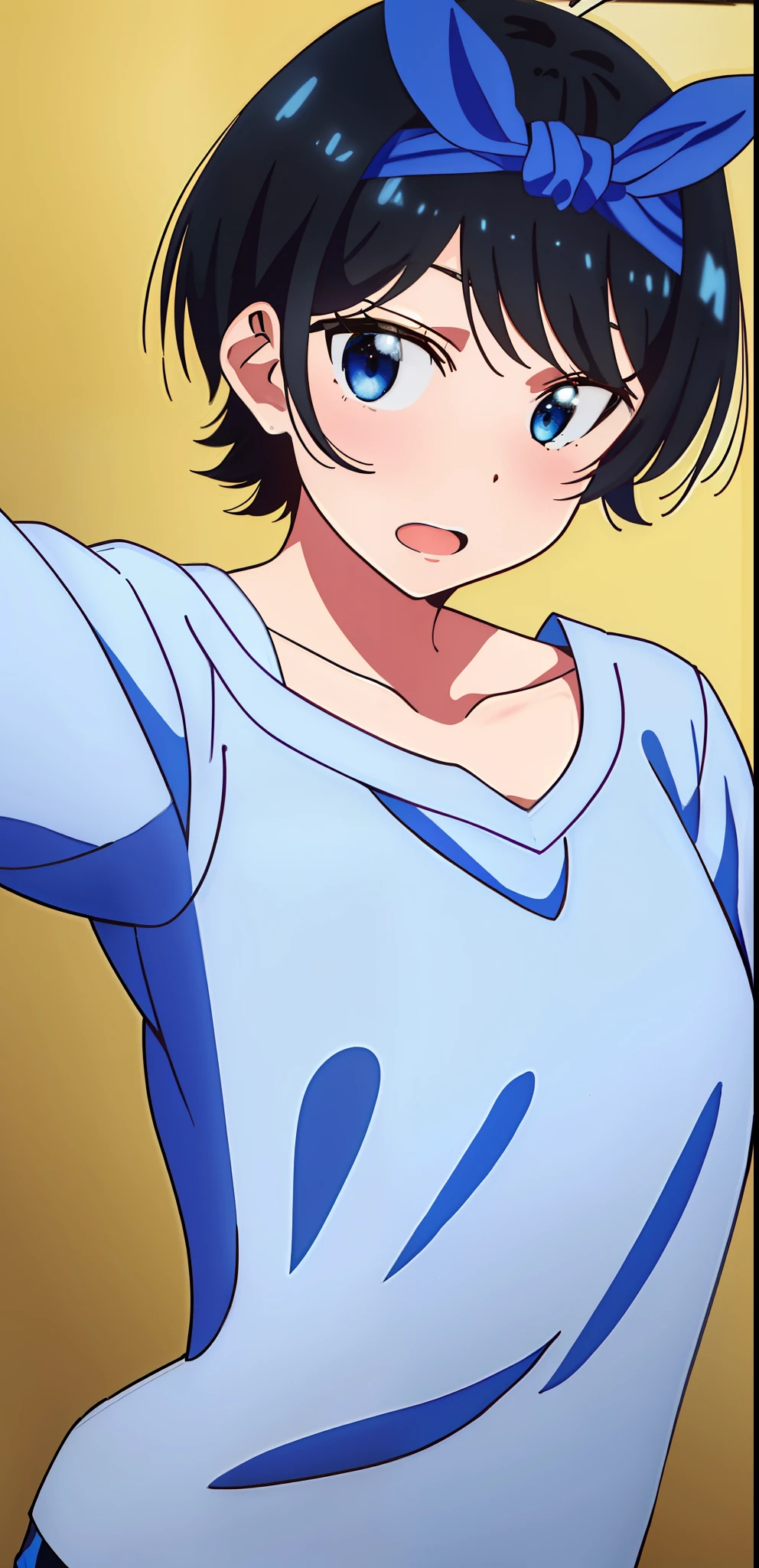 (masterpiece), (best quality),  ruka_sarashina, 1girl, solo, short_hair, open_mouth, bangs, simple_background, shirt, black_hair, collarbone, hairband, virtual_youtuber, swept_bangs, blue_shirt, room_background, blue_hairband, selfie