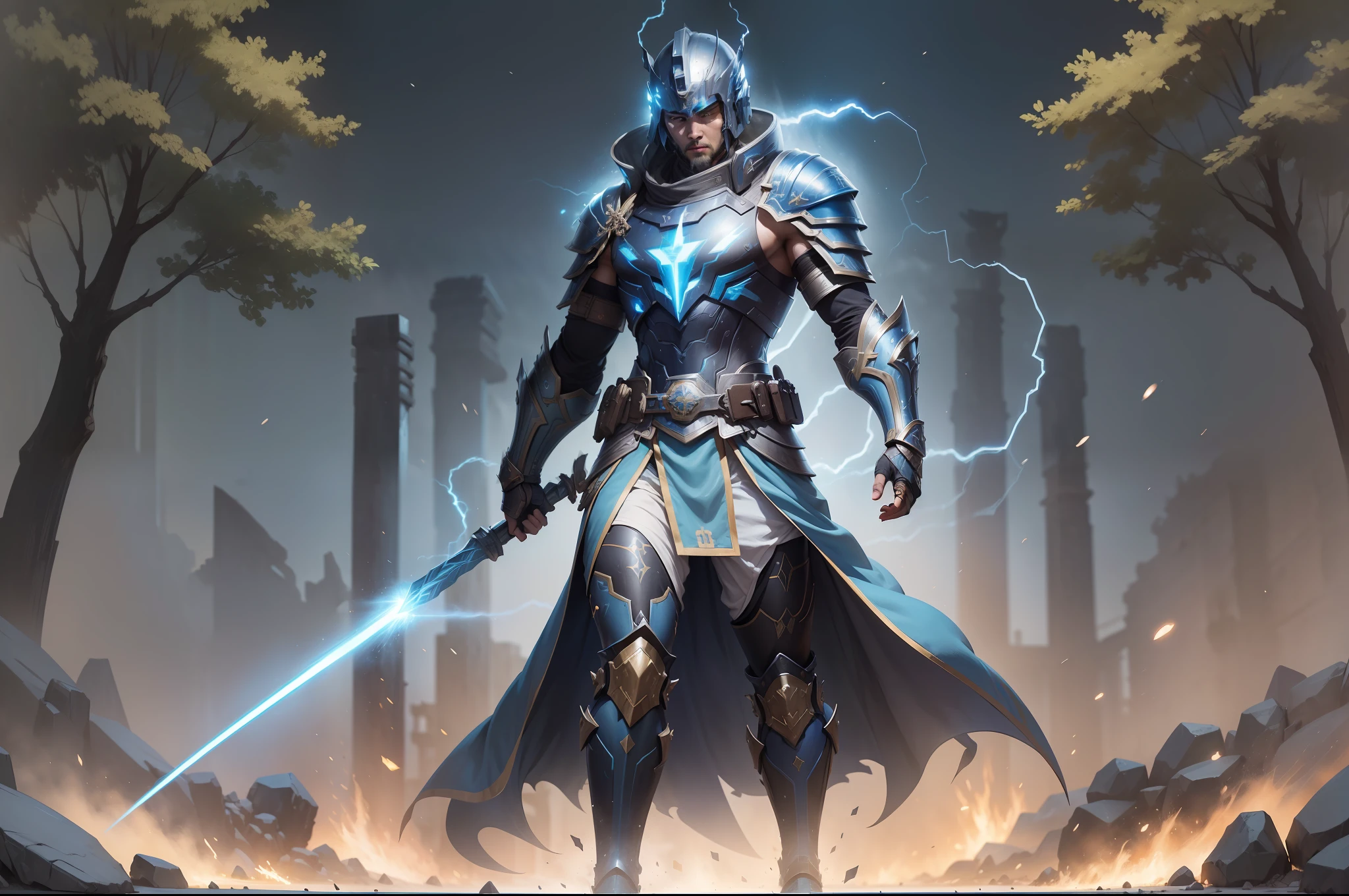 (General in ancient armor: 1.2), blue and black lightning light effect particles emitted on the body, (background of ancient battlefield on the border of Qin Kingdom: 1.1), (best quality), full body, ultra-wide angle, clear HD, 8K resolution, digital painting, concept art, Shinkai Makoto style, POP trend, Pixiv hot trend