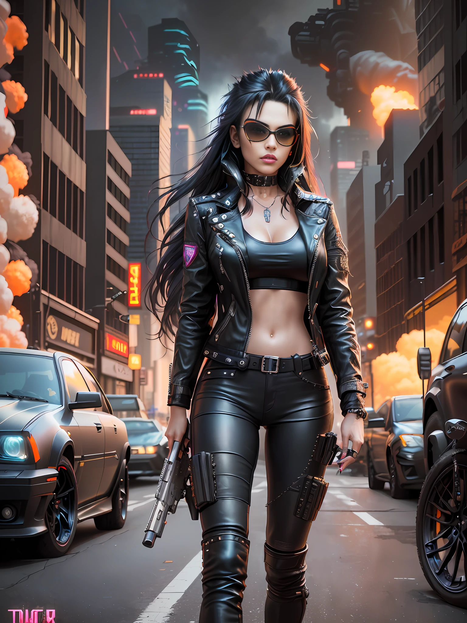 there is a woman in leather pants and a leather jacket holding a gun, cyberpunk angry gorgeous goddess, seductive cyberpunk dark fantasy, beautiful cyberpunk woman model, urban fantasy style, cyberpunk beautiful girl, cyberpunk 2 0 y. o model girl, cyberpunk women, cyberpunk girl, female cyberpunk anime girl, female cyberpunk, cyberpunk photo, cyberpunk judy alvarez, jet black haired cyberpunk girl