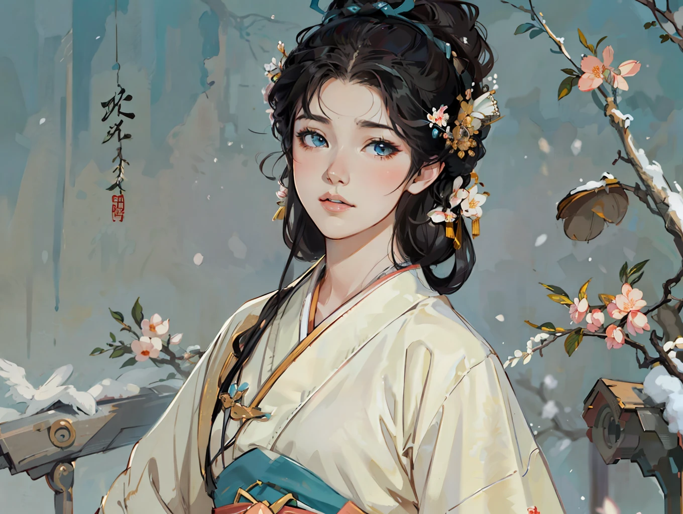 The girl contains spring, her skin is like snow, she is still like Xizi, ancient Chinese green shirt, under the peach blossom tree, the composition is exquisite, enough to become a masterpiece. This painting is undoubtedly super detailed, ultra-high-definition, high-quality gongbi art that can become an 8K wallpaper. Extremely detailed details that make the whole painting so real, so moving, Gouvitz style artwork, Guwiz, beautiful character paintings, Guwiz on ArtStation Pixiv, Guwiz on Pixiv Art Station, stunning anime face portraits, beautiful digital artwork, WLOP Rossdraws, detailed digital anime art, Guwiz masterpieces