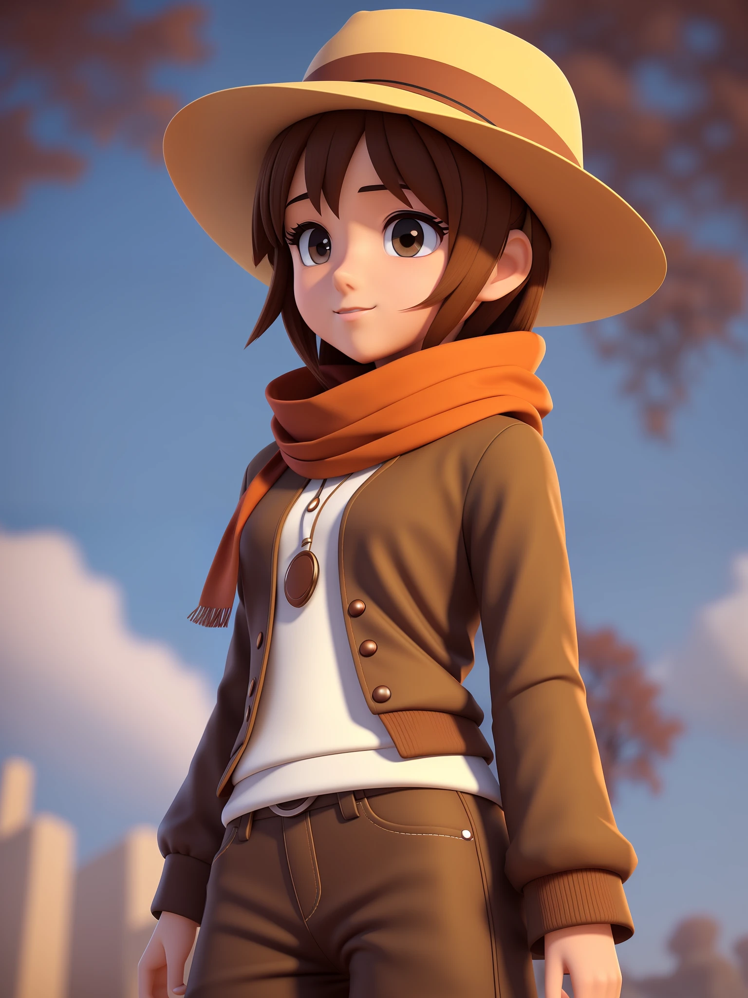 Young girl, a closeup of a cartoon character wearing a light brown hat and scarf, ((brown eyes)), stylized character, animated character, stylized 3d render, 3d character, highly detailed character, stylized anime, stylized 3d, render character, character model