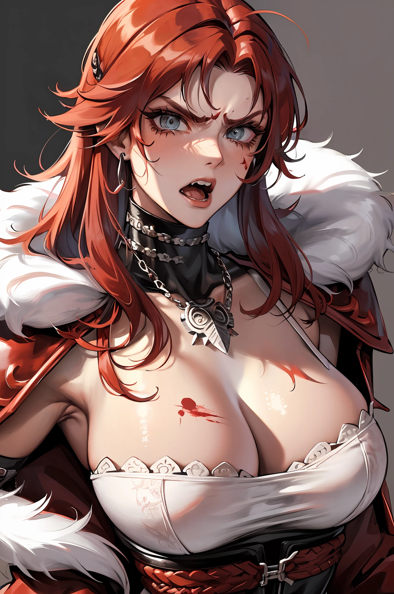 berserker, barbarian, barbarian warrior, masterpiece, best quality, super detailed, illustration, super detailed face, best face, wild, 30 years old, adult, 1girl, tribal patriarch, angry expression, bloodthirsty, big breasts, muscular, super strong, bandage, scar, red tattoo, war maniac, olaf, red messy hair, wild costume, fur jacket, tooth necklace, chains, fur boots, lower abdomen tattoo, war knife, hunter, fur ornaments, intricate detail outfit