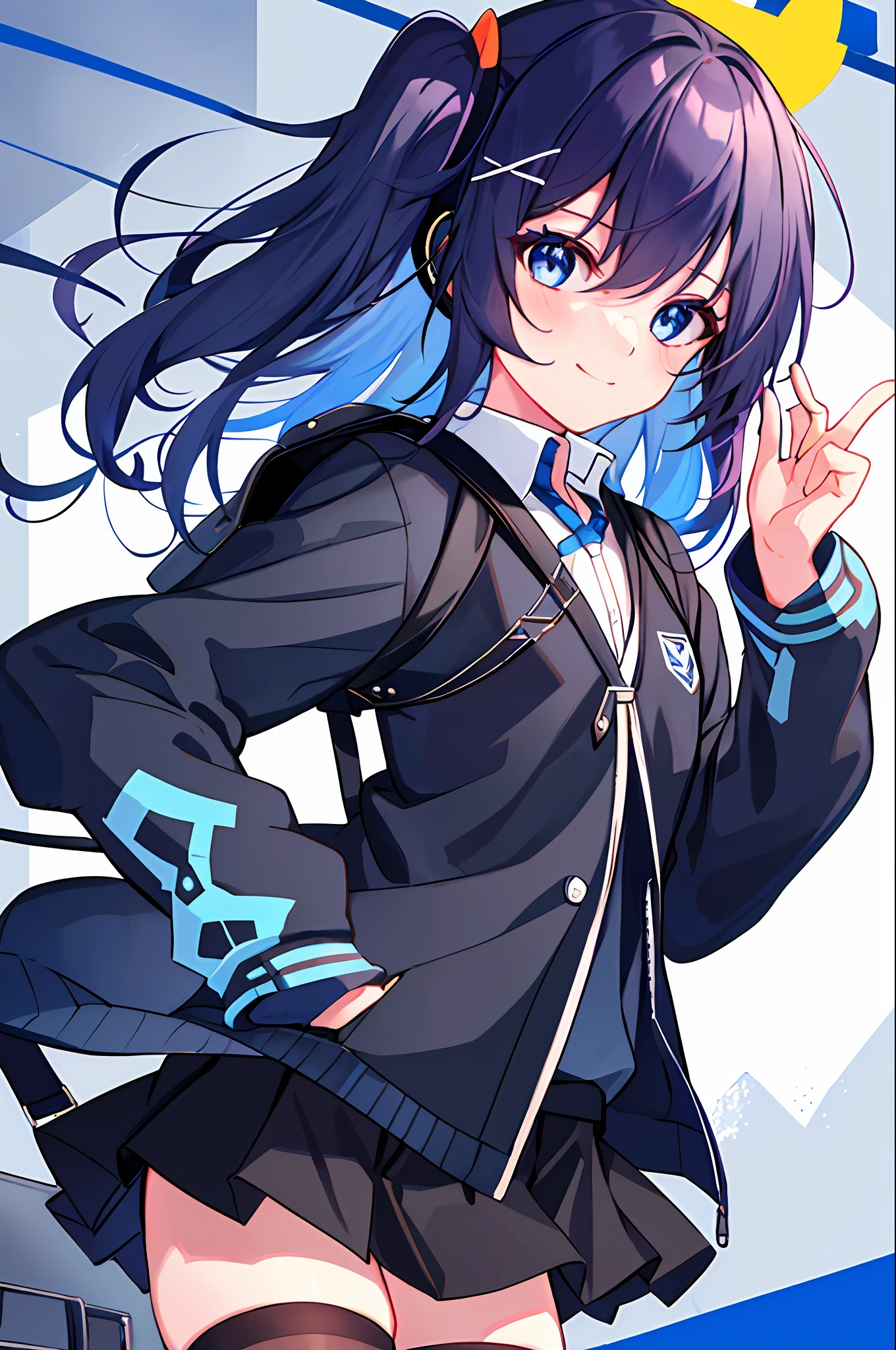 illustration,
1girl,solo,mysterious,vivid color,shiny,
expression,arms behind back,
Kiana,closed mouth, shirt, blue eyes, long sleeves, smile, black jacket, white shirt, jacket, looking at viewer,skirt, coat, hair ornament, backpack, collared shirt, polo shirt,black thighhighs,