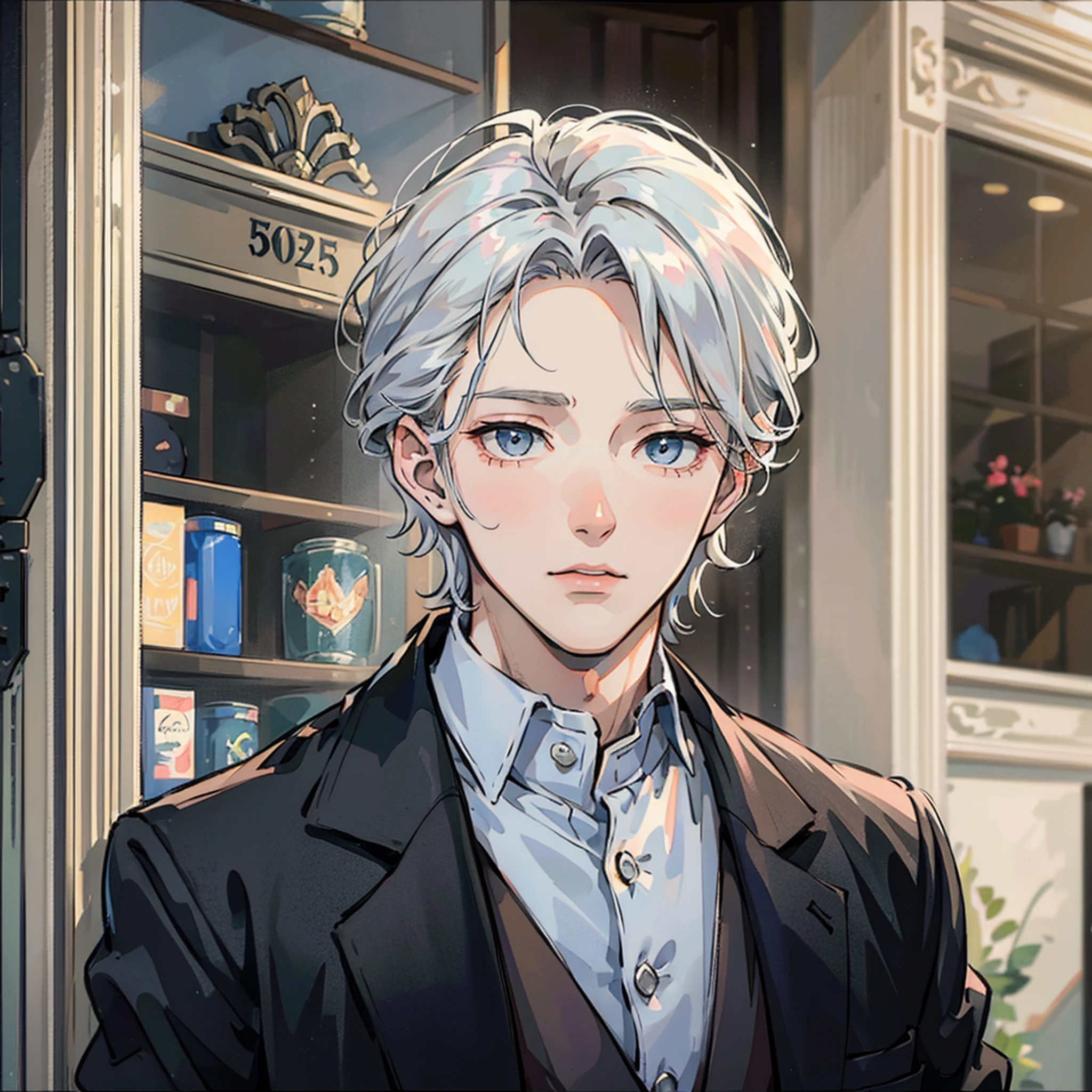 A boy, silver hair, in front of an antique building, handsome, tall and cold, young, good hairstyle, tall, mature --auto --s2