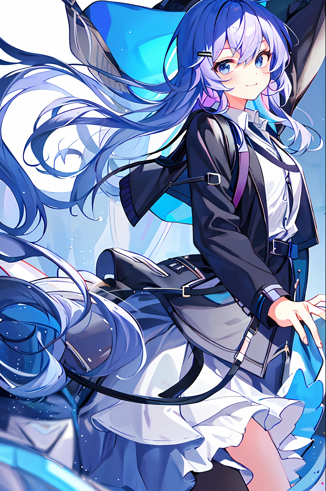 illustration,
1girl,solo,mysterious,vivid color,shiny,
expression,arms behind back,
Kiana,closed mouth, shirt, blue eyes, long sleeves, smile, black jacket, white shirt, jacket, looking at viewer,skirt, coat, hair ornament, backpack, collared shirt, polo shirt,black thighhighs,