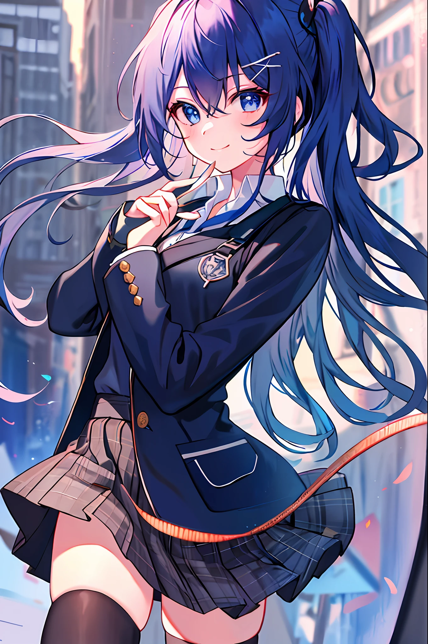 illustration,
1girl,solo,mysterious,vivid color,shiny,
expression,arms behind back,
Kiana,closed mouth, shirt, blue eyes, long sleeves, smile, black jacket, white shirt, jacket, looking at viewer,skirt, coat, hair ornament, backpack, collared shirt, polo shirt,black thighhighs,