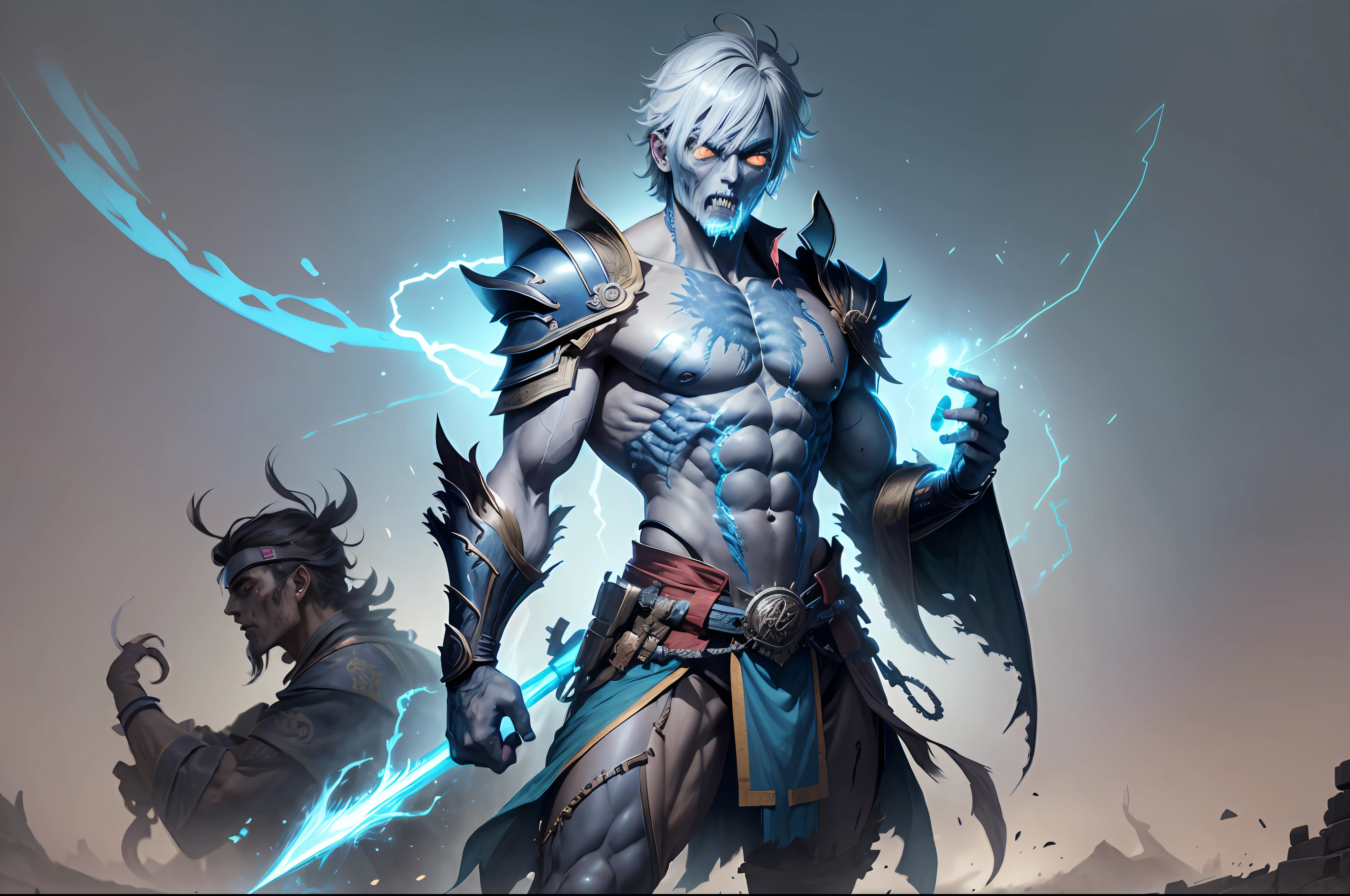 (Male zombie wearing ancient cloth: 1.2), blue and black lightning light effect particles emitted on the body, (Qin Kingdom border ancient battlefield as background: 1.1), (best quality), full body, ultra-wide angle, clear HD, 8K resolution, digital painting, concept art, Shinkai Makoto style, POP trend, Pixiv hot trend