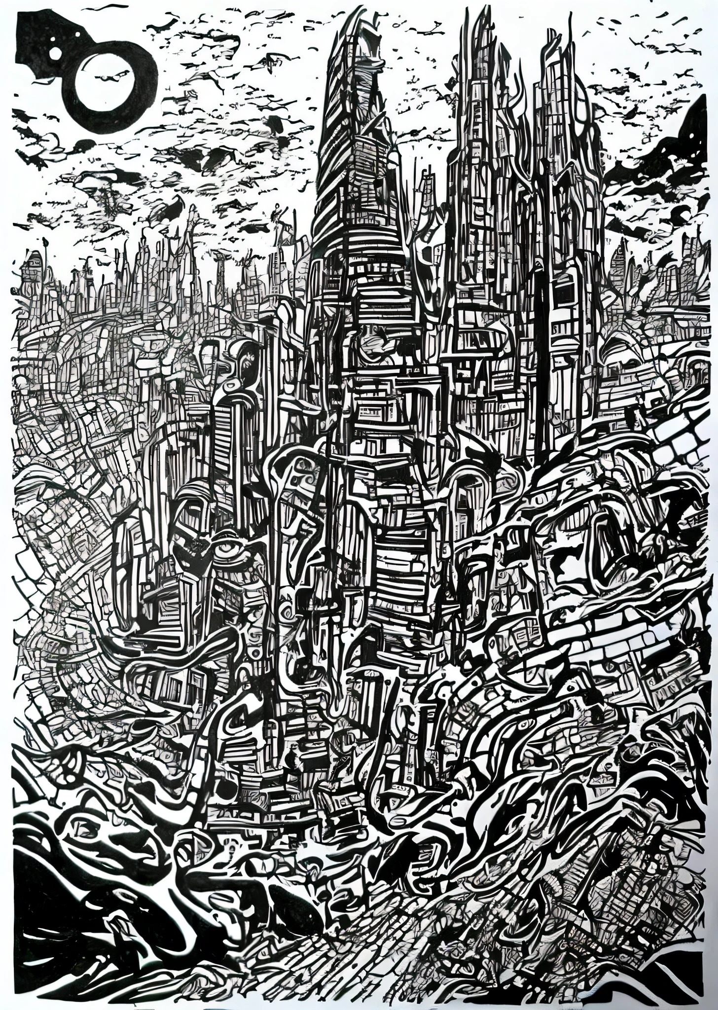 Future city concept, pen and ink drawing, pen and ink illustration, inspired by Hans Burgkmair, pen and ink drawing, pen and ink illustration, pen and ink illustration, ink illustration