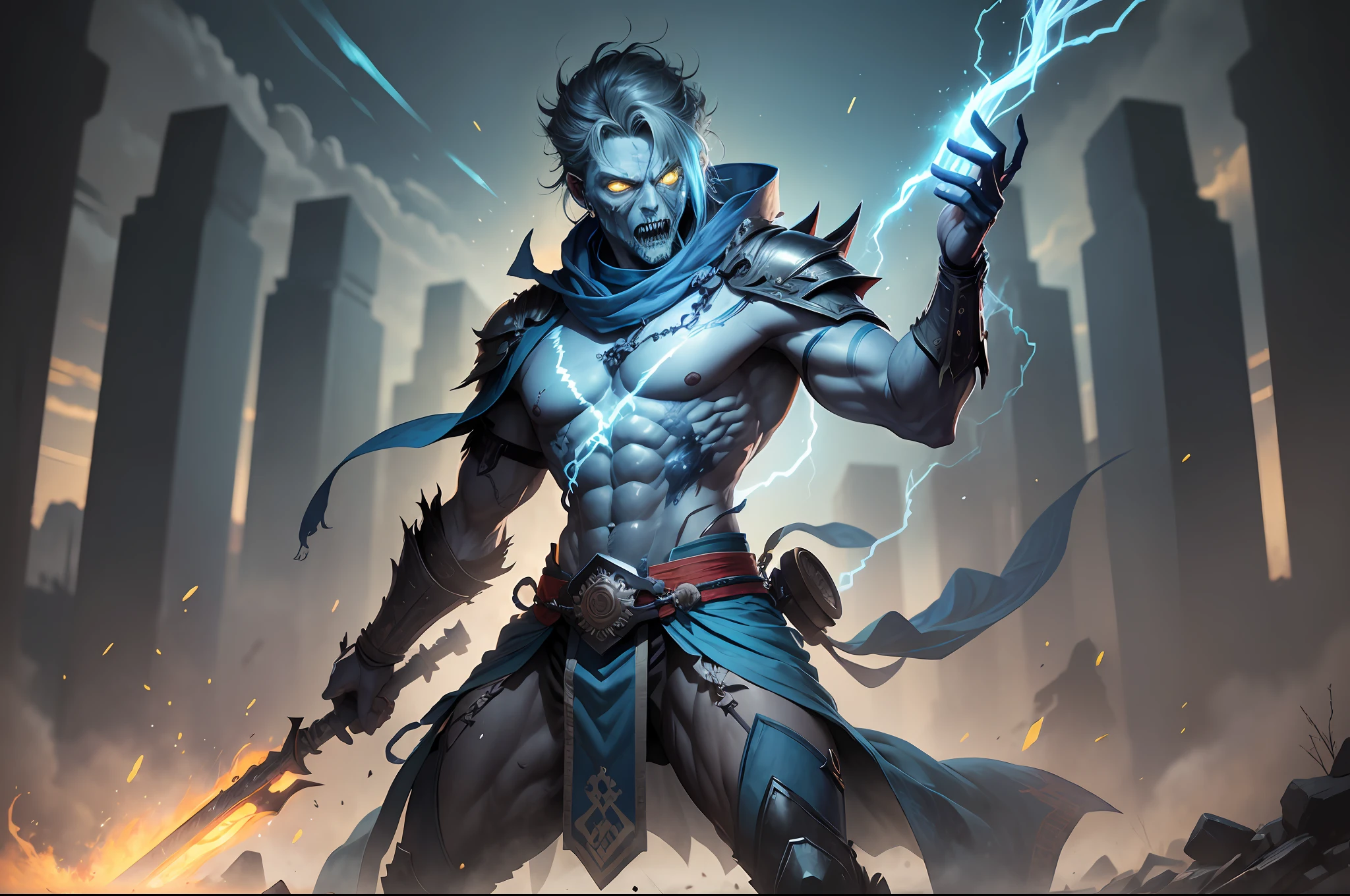 (Male zombie wearing ancient cloth: 1.2), blue and black lightning light effect particles emitted on the body, (Qin Kingdom border ancient battlefield as background: 1.1), (best quality), full body, ultra-wide angle, clear HD, 8K resolution, digital painting, concept art, Shinkai Makoto style, POP trend, Pixiv hot trend