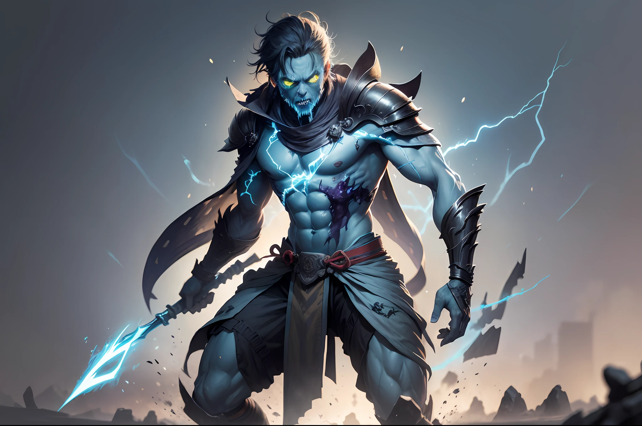 (Male zombie wearing ancient cloth: 1.2), blue and black lightning light effect particles emitted on the body, (Qin Kingdom border ancient battlefield as background: 1.1), (best quality), full body, ultra-wide angle, clear HD, 8K resolution, digital painting, concept art, Shinkai Makoto style, POP trend, Pixiv hot trend