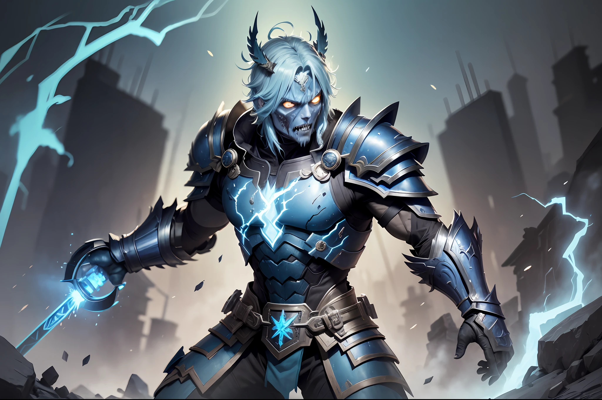 (Male zombie wearing ancient soldier armor: 1.5), blue and black lightning light effect particles emitted on the body, (Qin Kingdom border ancient battlefield background: 1.1), (best quality), full body, ultra-wide angle, clear HD, 8K resolution, digital painting, concept art, Shinkai Makoto style, POP trend, Pixiv hot trend