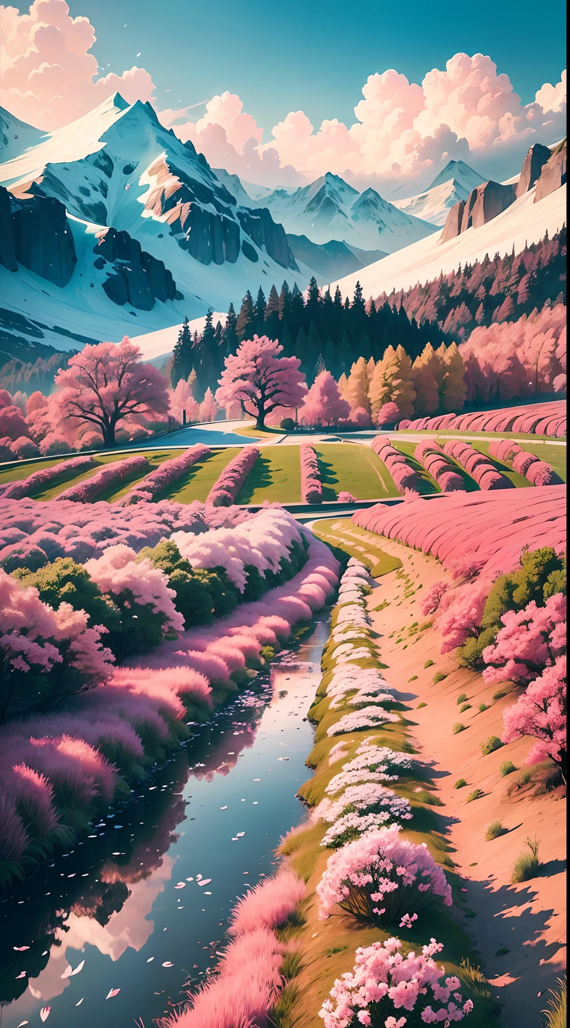 The scene is breathtaking. A lush landscape of sakuras, with its branches covered with delicate flowers in shades of pink, white and red, which extend in all directions. The wind blows gently, causing the leaves of the trees to sway and fly in the air, creating a rain effect of leaves. The petals of the sakuras are also blown away by the wind, floating like pink snowflakes in the air. In one corner of the landscape, a small lake perfectly reflects the beauty of the surrounding landscape, creating a sense of tranquility and serenity. The clear blue sky completes the perfect scene, making it even more idyllic and peaceful., Ukiyo-e, high quality, 8k, masterpiece --auto --s2