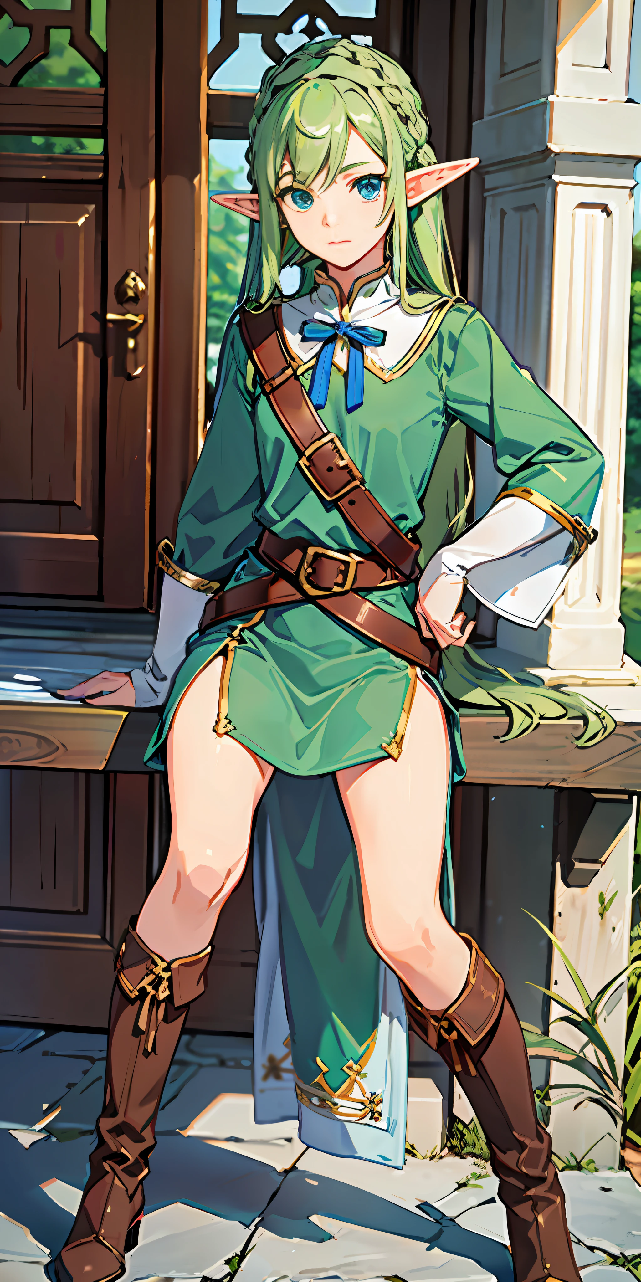 highest image quality, Solo, (Elf), 16 years old, wearing a tunic, the tunic is dressed comfortably movable, the color of the clothes is green, the waist is fastened with an elongated belt, leather boots up to the shins, ((long sideburns knitting, tied back)),