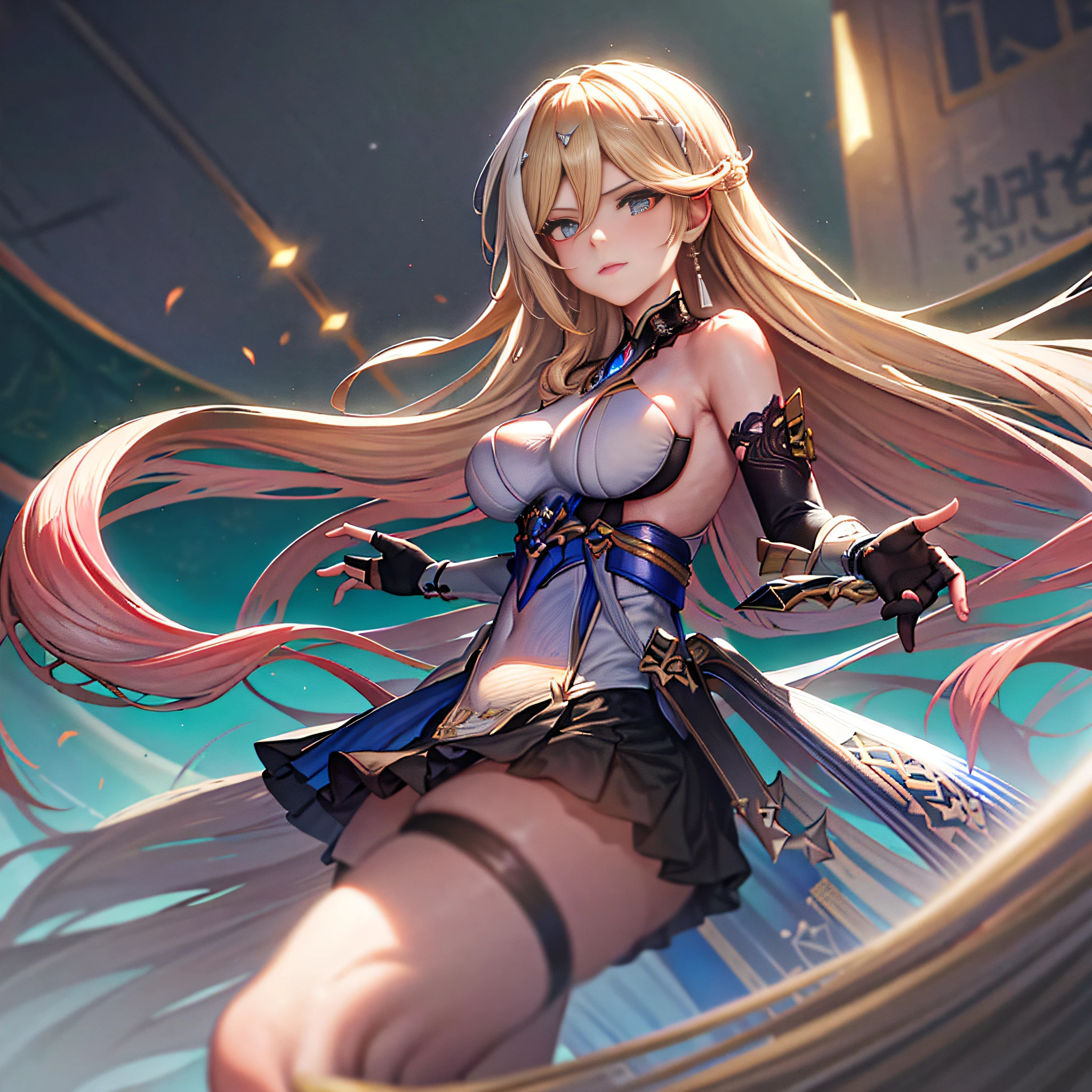 (Realistic painting style: 0.9), (traditional media imitation: 1.1), masterpiece, best quality, absurd, looking at the public, solo, bianka durandal ataegina (palatine equinox), bianka durandal ataegina, bicolor hair, gray hair, blonde hair, 1girl, long hair, blue eyes, gloves, weapons, hair accessories, bangs, fingerless gloves, earrings, solo, looking at the public, long-handled weapons, jewelry, shut up, dress, hair between eyes, bare shoulders, spear, black gloves, armor, white skirt, large breasts socks, individual earrings, hand guards, elbow gloves,athlete bearing