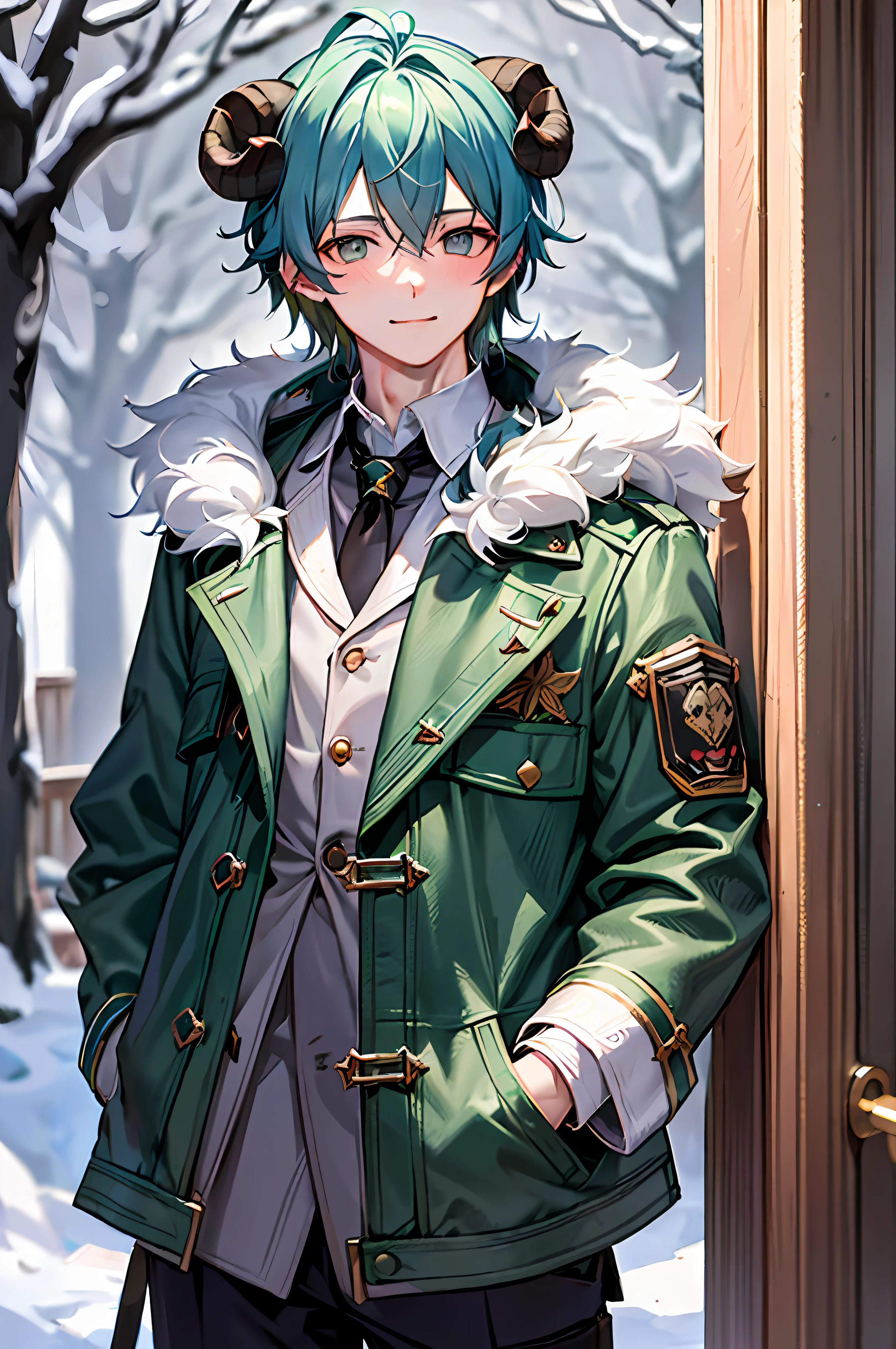 The highest quality, a 17-year-old man has short disheveled green hair and wears a dark blue coat with fur on big eyes, sheep's horns, a little smile, blush, it's winter with bright snow in the moonlight, forest