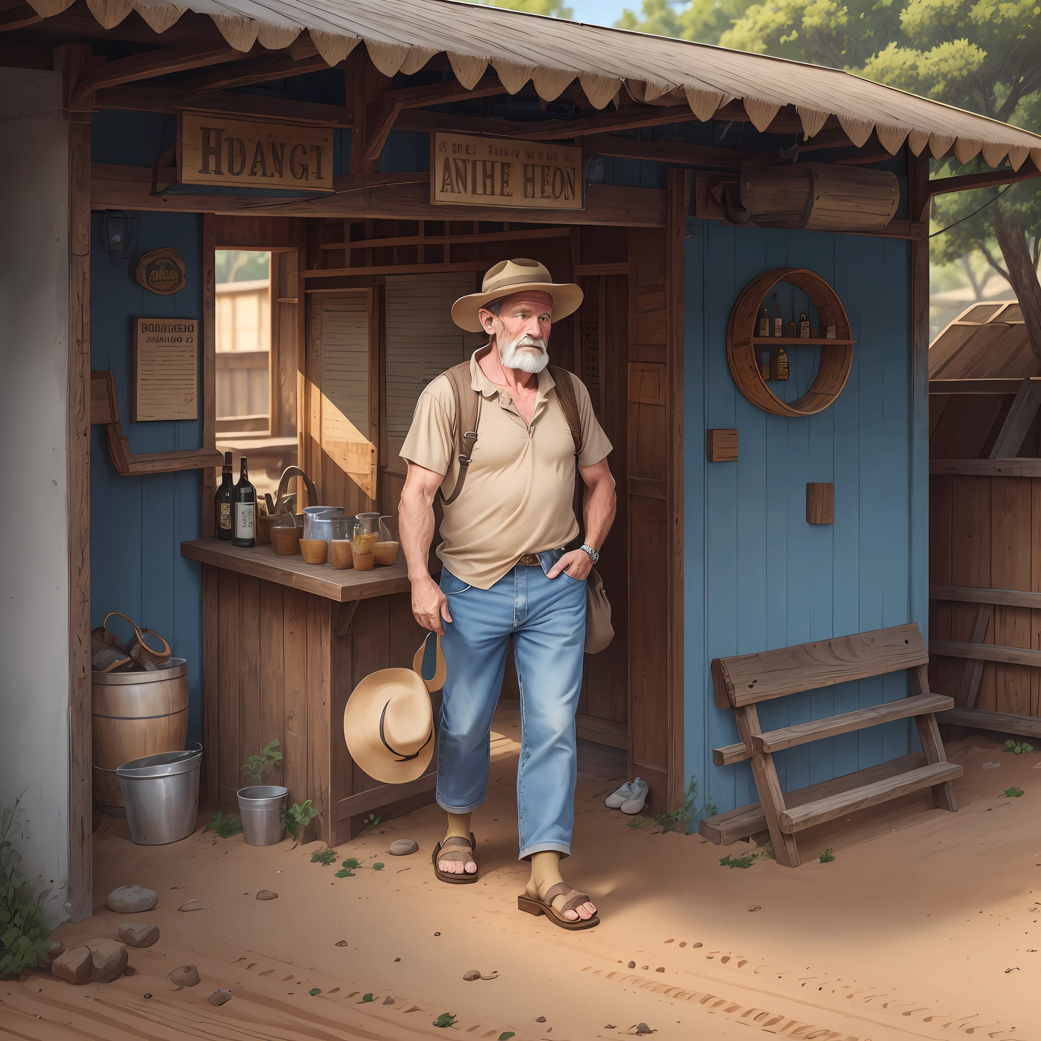 A 50-year-old man wearing a beige shirt folded, blue pants folded into the bar and sandals with socks and a hillbilly hat, next to him a gray donkey animal walking on a dirt road --auto --s2