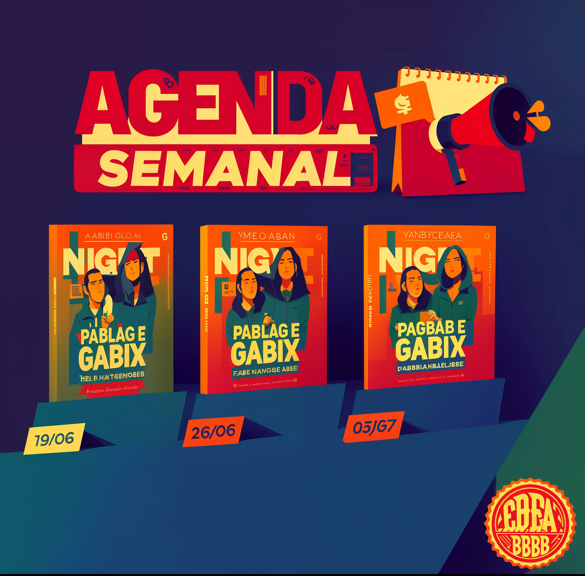 a group of three books with a megaphone on top of them, gadigal, looks like fabiula nascimento, by Fernando Gerassi, promo material, promo, by Gabriel Ba, by Fede Galizia, by Pablo Carpio, night!, by Robert Combas, gabagool, by Caesar Andrade Faini, angie glocka