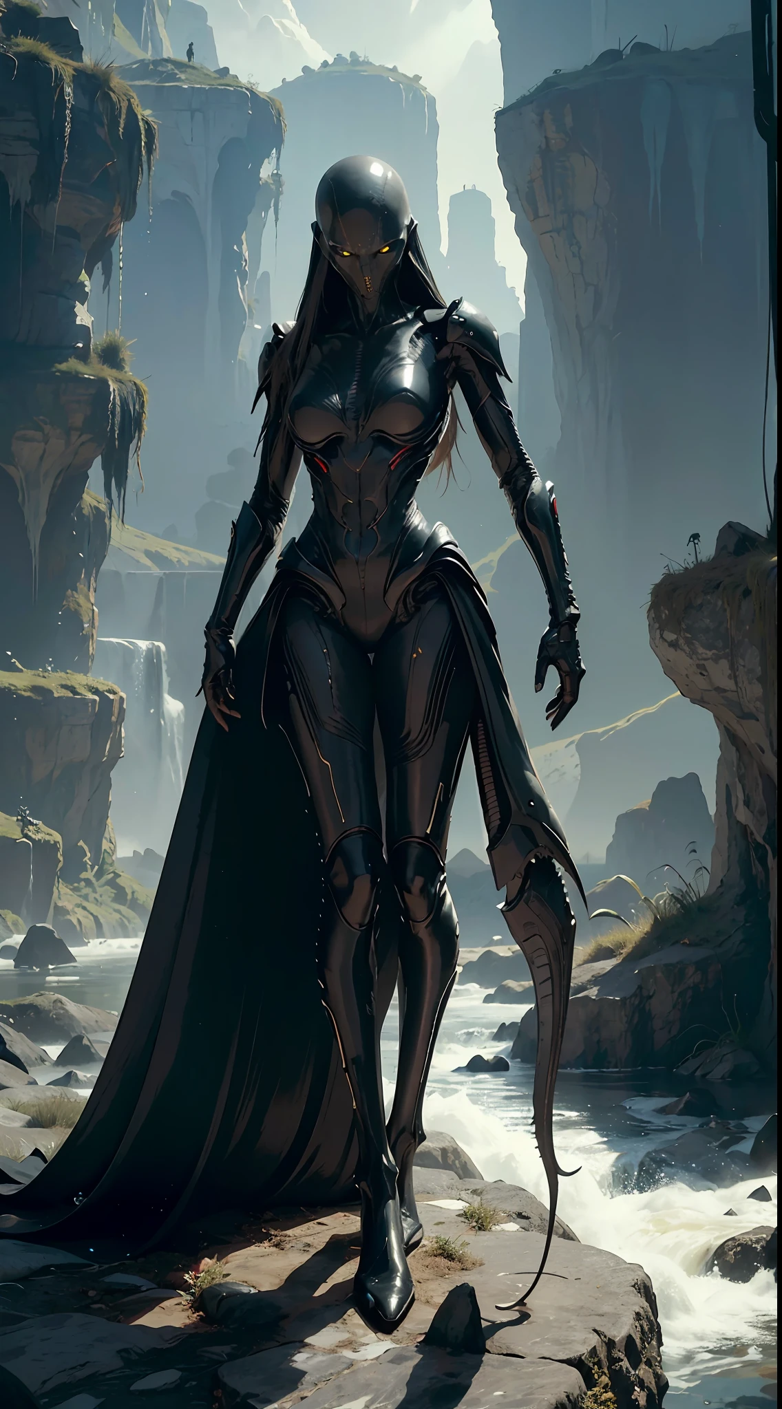 Beautiful Female Xenomorph, photorealistic style, creature, sci-fi, dark, sleek texture, shiny exoskeleton, biomechanical design, elongated head, elongated jaw, sharp teeth, piercing black eyes, slender body, biomechanical tail, translucent membrane, eerie atmosphere, lush alien landscape, vibrant flora, mysterious rock formations, atmospheric lighting, cascading waterfalls, ethereal mist, distant alien sky, captivating celestial bodies