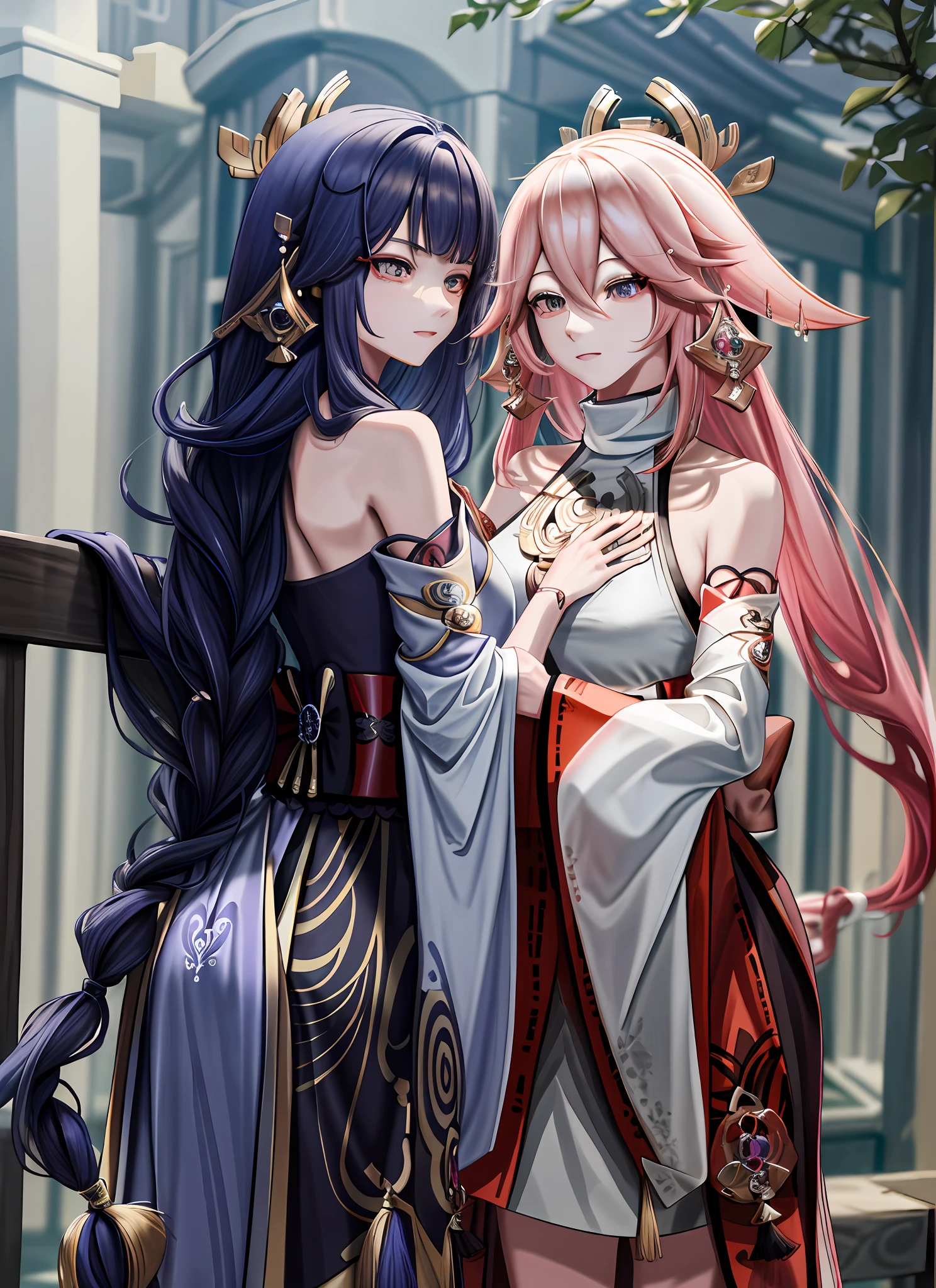 (A beautiful masterpiece art of) shy Keqing and Yae Miko; (best quality), stunning, (high resolution) and (ultra-detailed) drawing, beautiful color scheme