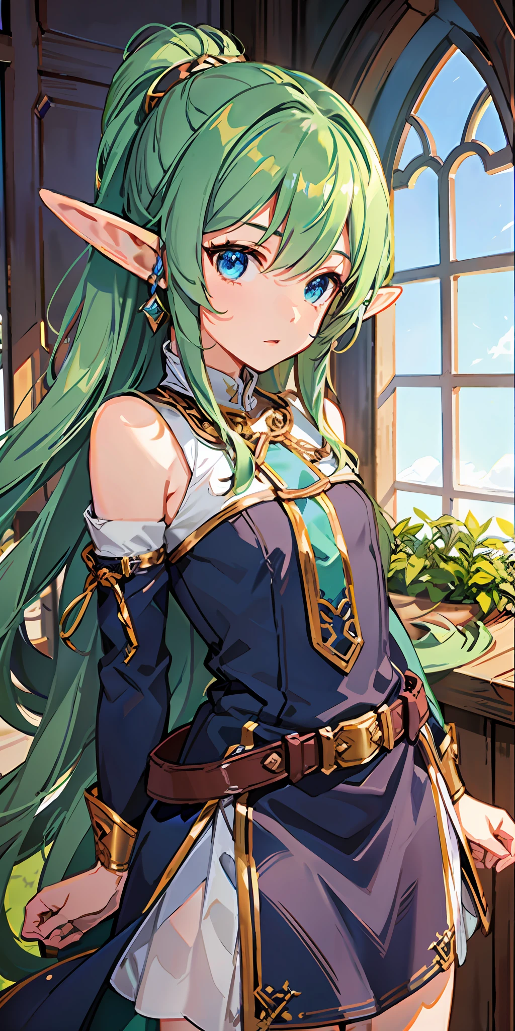 highest image quality, Solo, (Elf), 16 years old, wearing a tunic, the tunic is dressed comfortably movable, the color of the clothes is green, the waist is fastened with an elongated belt, leather boots up to the shins, ((long sideburns knitting, tied back)),