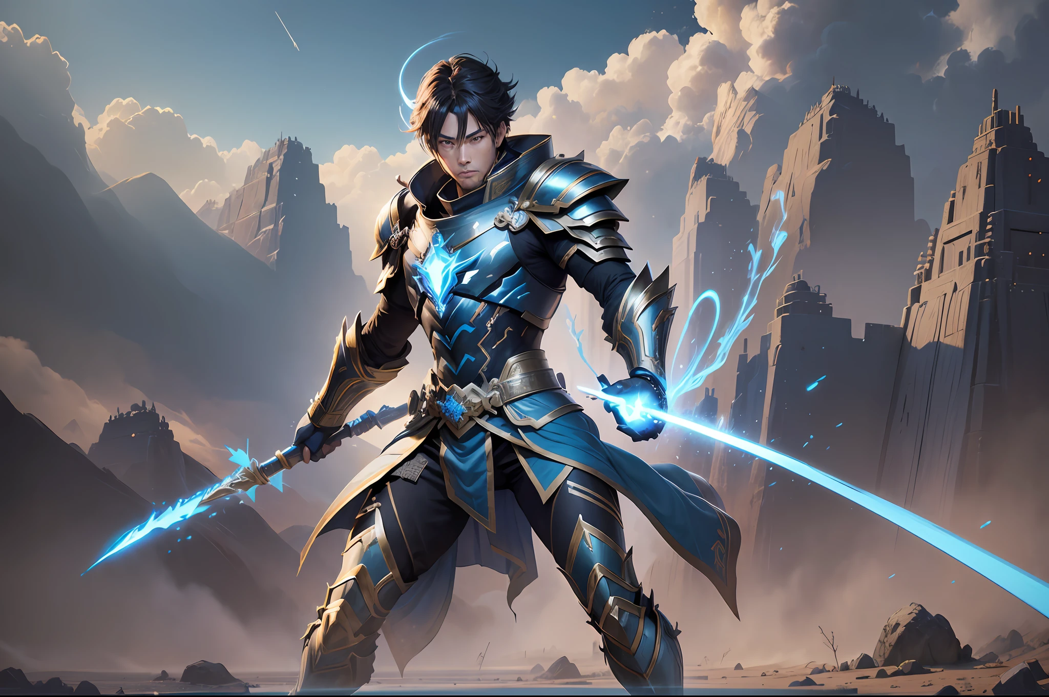 (Male general in ancient armor: 1.5), blue and black lightning effect particles emitted on the body, (Qin State border ancient battlefield background: 1.1), (best quality), full body, ultra-wide angle, clear HD, 8K resolution, digital painting, concept art, Shinkai Makoto style, POP trend, Pixiv hot trend