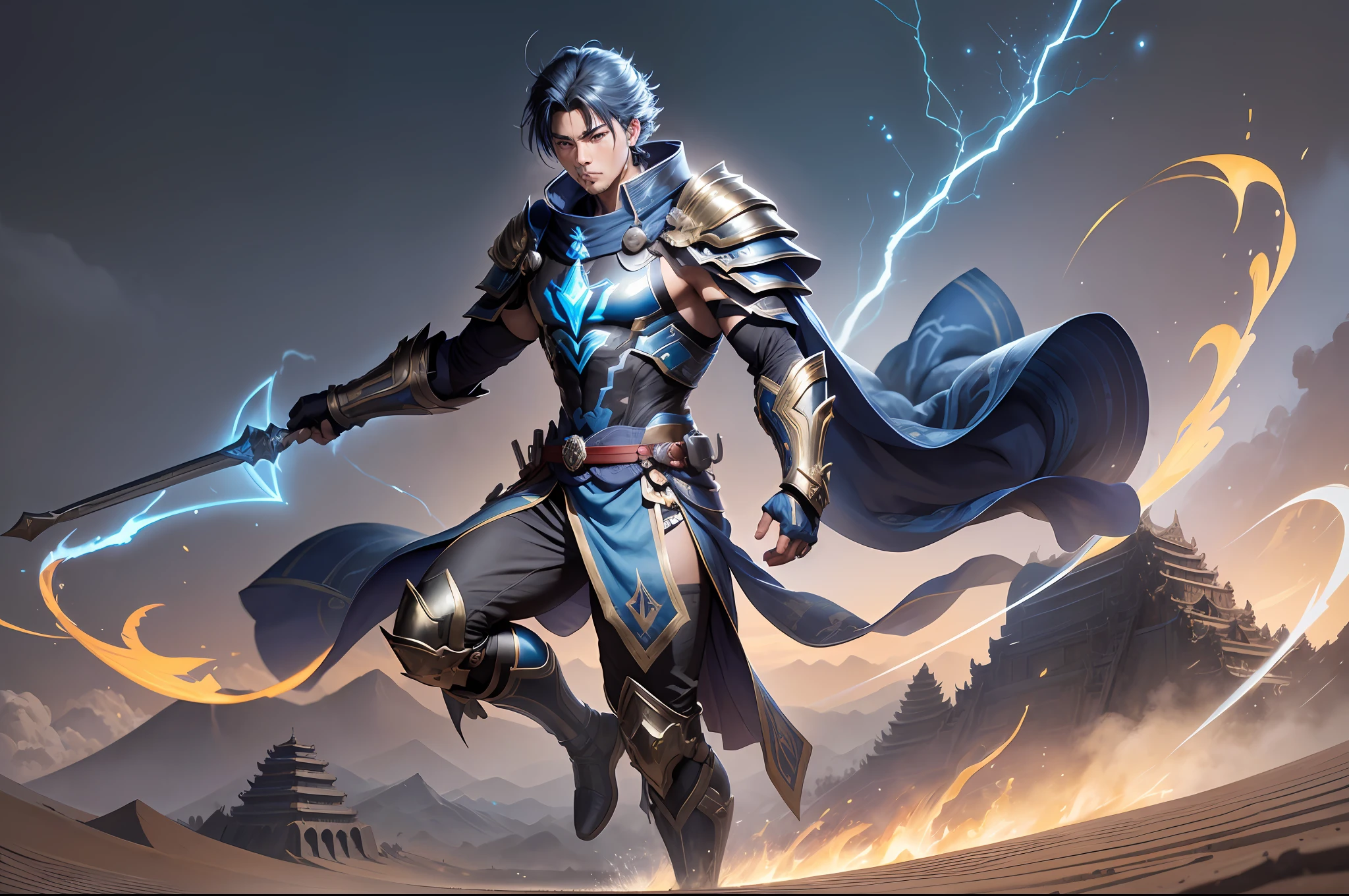 (Male general in ancient armor: 1.5), blue and black lightning effect particles emitted on the body, (Qin State border ancient battlefield background: 1.1), (best quality), full body, ultra-wide angle, clear HD, 8K resolution, digital painting, concept art, Shinkai Makoto style, POP trend, Pixiv hot trend