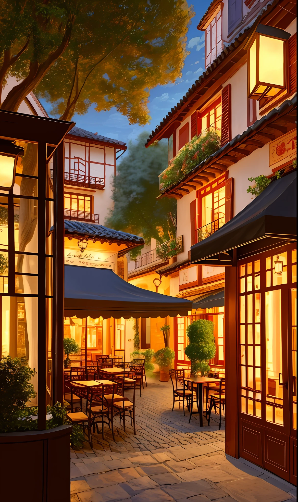 Traditional-style French café on the streets of Shanghai, terrace in the shade of century-old plane trees, intimate atmosphere around coffee and tea, Unreal Engine rendering, surrealism, hyper-detail, oil painting, warm tones, happy, impressionism, Leonardo da Vinci, 4k