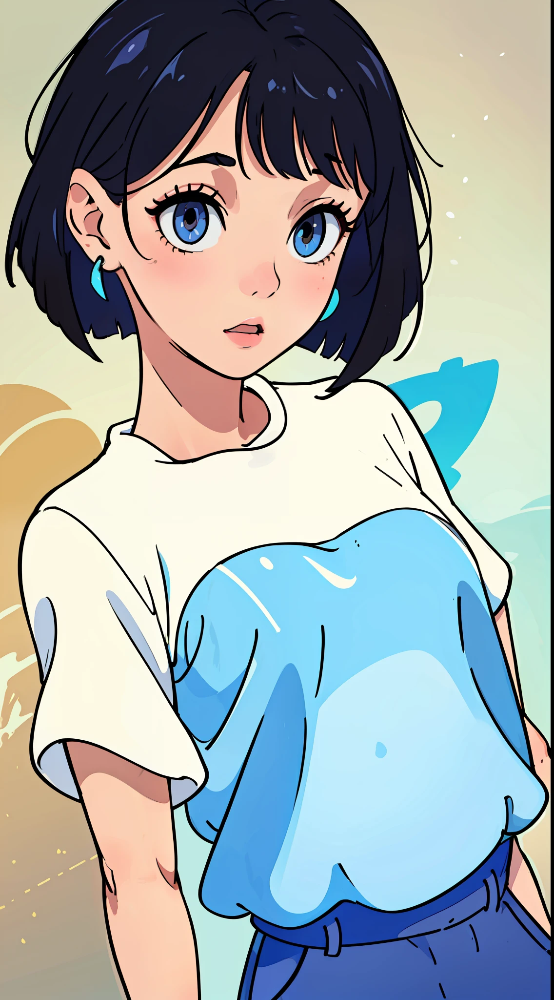 (Masterpiece), (high quality), (ultra detailed), (short hair), (illustration), (1girl), (casual clothes), standing, model, looking at the viewer, (photo essay), (blurred background), beautiful detailed eyes, beautiful and delicate face, floating, (low saturation), (bright), focus on facial expression, black hair, side bangs, small earrings