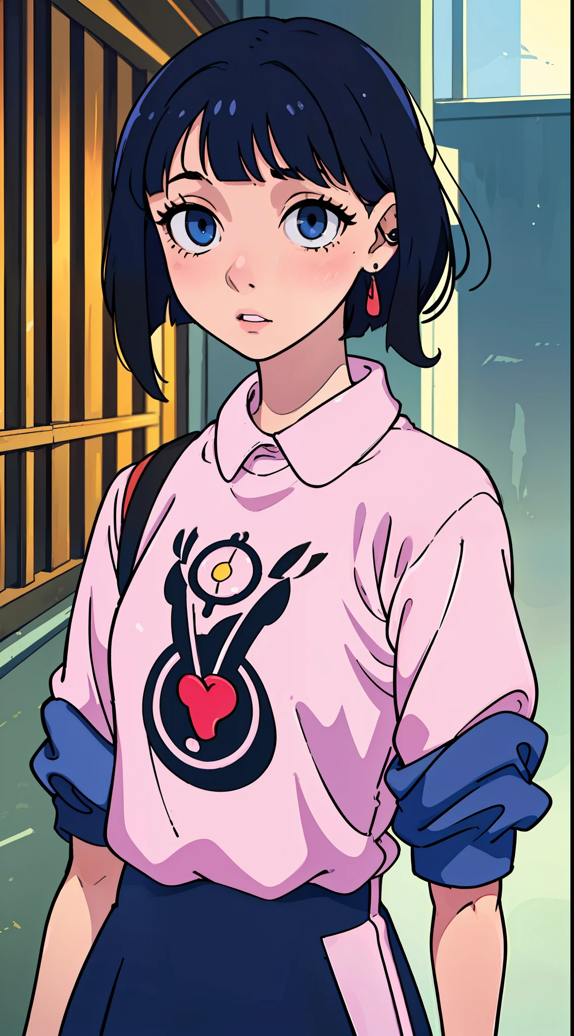 (Masterpiece), (high quality), (ultra detailed), (short hair), (illustration), (1girl), (casual clothes), standing, model, looking at the viewer, (photo essay), (blurred background), beautiful detailed eyes, beautiful and delicate face, floating, (low saturation), (bright), focus on facial expression, black hair, side bangs, small earrings