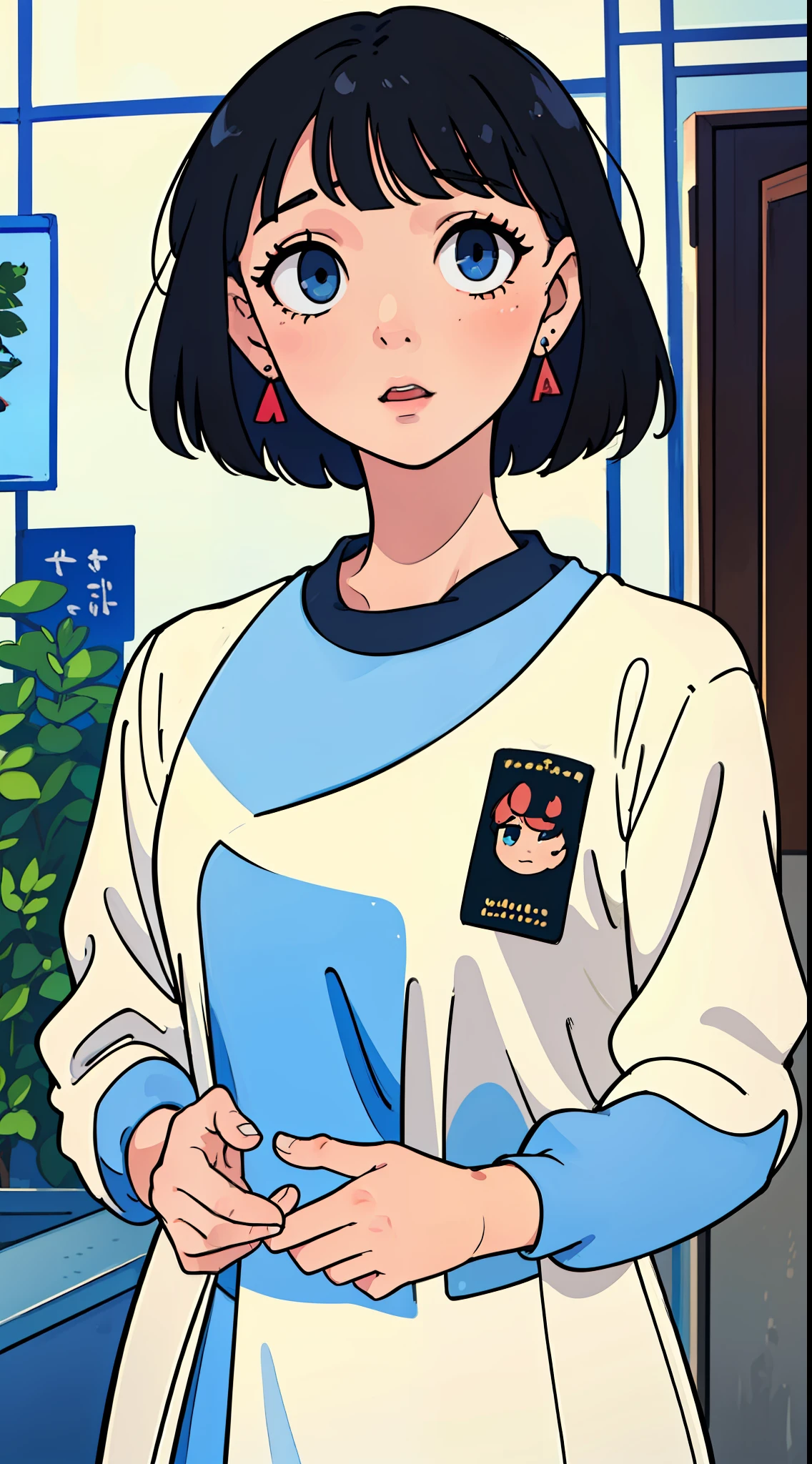(Masterpiece), (high quality), (ultra detailed), (short hair), (illustration), (1girl), (casual clothes), standing, model, looking at the viewer, (photo essay), (blurred background), beautiful detailed eyes, beautiful and delicate face, floating, (low saturation), (bright), focus on facial expression, black hair, side bangs, small earrings