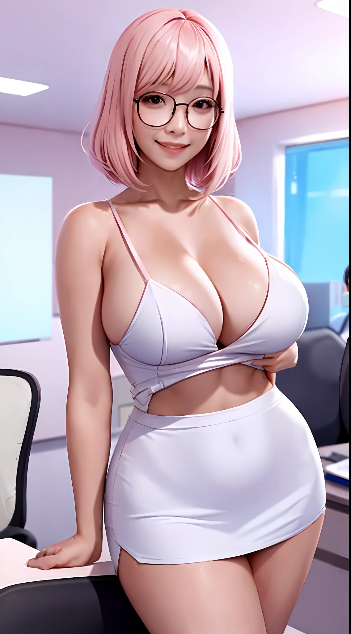 (1girl), light pink hair, open-chest seduction, flared, ((office lady)), bangs, big breasts, glasses lady, (full), slim, smile, [wide hips], office, standing, 8K quality,