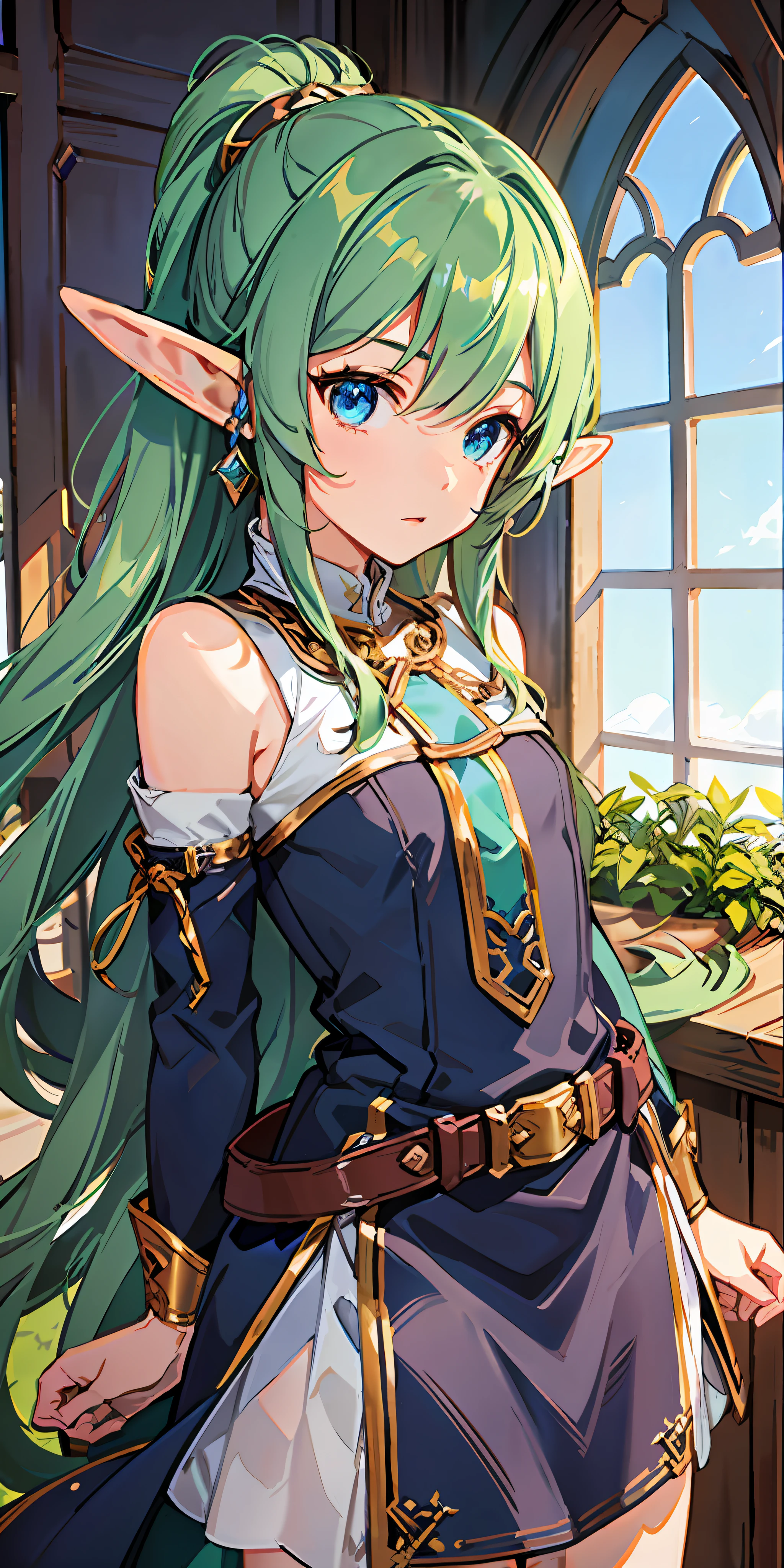 highest image quality, Solo, (Elf), 16 years old, wearing a tunic, the tunic is dressed comfortably movable, the color of the clothes is green, the waist is fastened with an elongated belt, leather boots up to the shins, ((long sideburns knitting, tied back)),