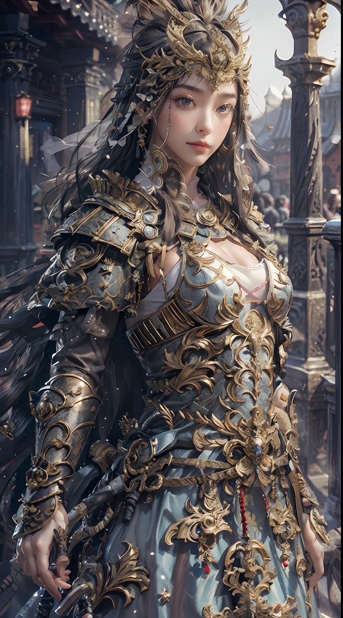 (photorealistic:1.4), Knight of the Zodiac,(1 girl),(masterpiece, best quality, ultra detailed), ultra realistic, photorealistic,(extremely delicate and beautiful), fine details, beautiful eyes, detailed face,((profundidade_do_campo)),8k, RAW photo, exotic face,standing,transparent silk clothing, little clothing,evil smile,sharp focus,(natural breasts),(long hair),black hair