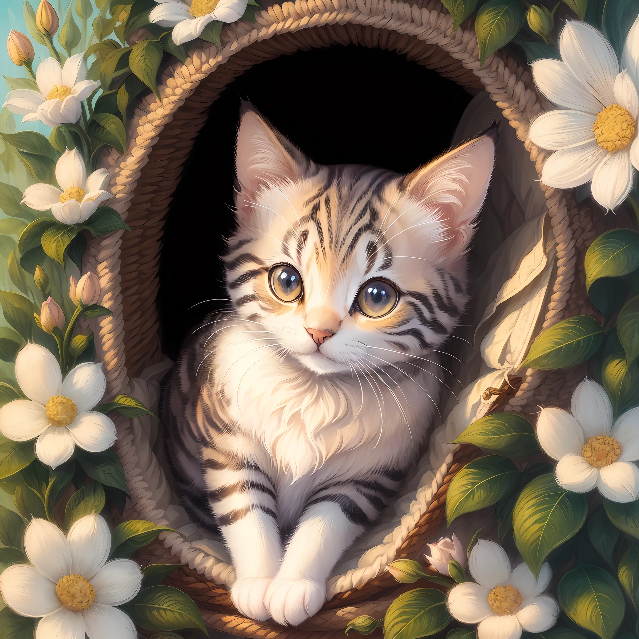 A very small cat emerging from clothing, bright sunlight, botanical art, --auto --s2