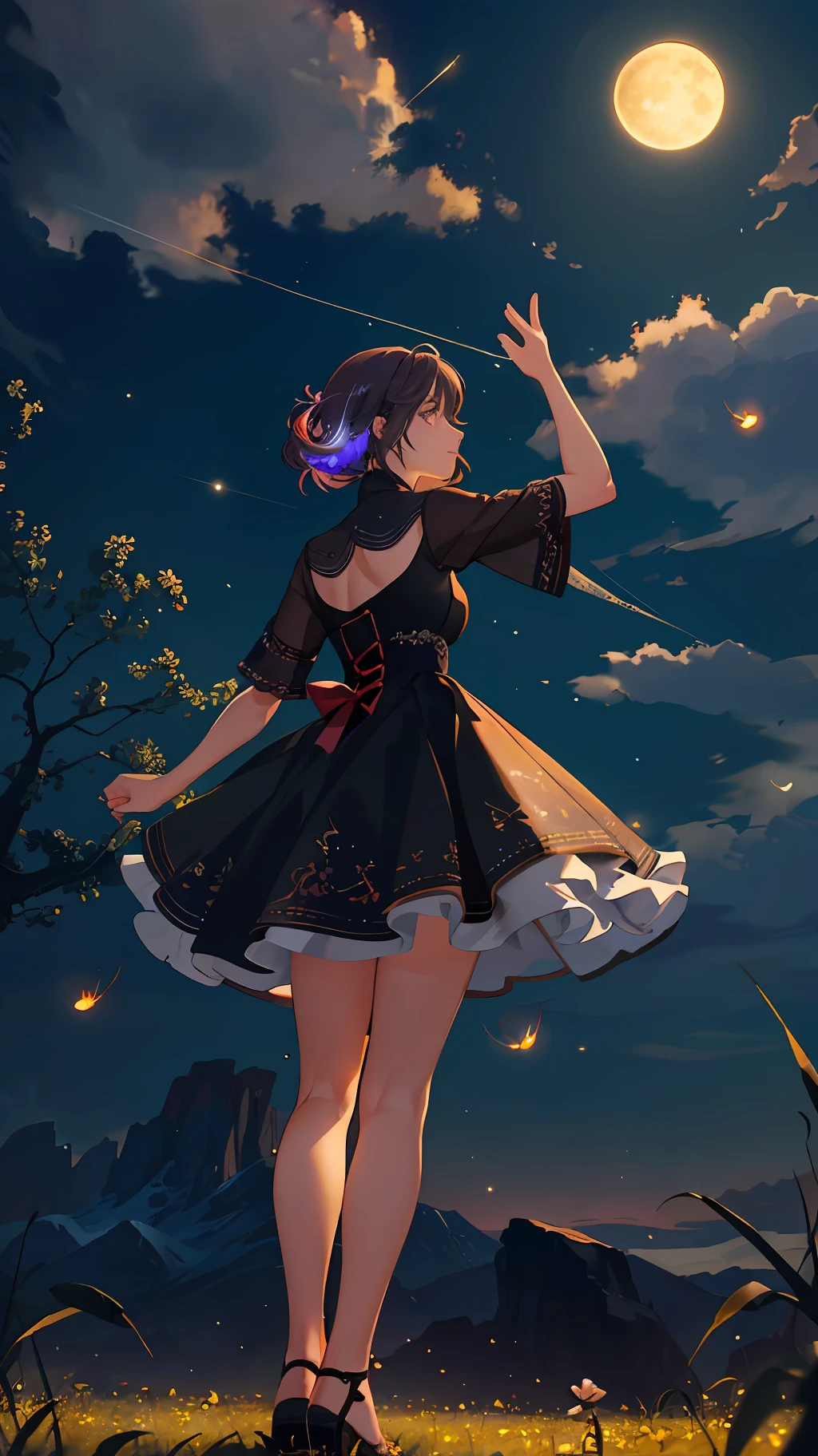 Vast landscape photo, (viewed from below, the sky is above and the open field is below), a girl standing on a flower field looking up, (full moon: 1.2), (meteor: 0.9), (nebula: 1.3), distant mountains , Trees BREAK Crafting Art, (Warm Light: 1.2), (Fireflies: 1.2), Lights, Lots of Purple and Orange, Intricate Details, Volumetric Lighting, Realism BREAK (Masterpiece: 1.2), (Best Quality), 4k, Ultra-Detailed, (Dynamic Composition: 1.4), Very Detailed, Colorful Details, (Rainbow Colors: 1.2), (Glow Lighting, Atmospheric Lighting), Dreamy, Magical, (Solo: 1.2)