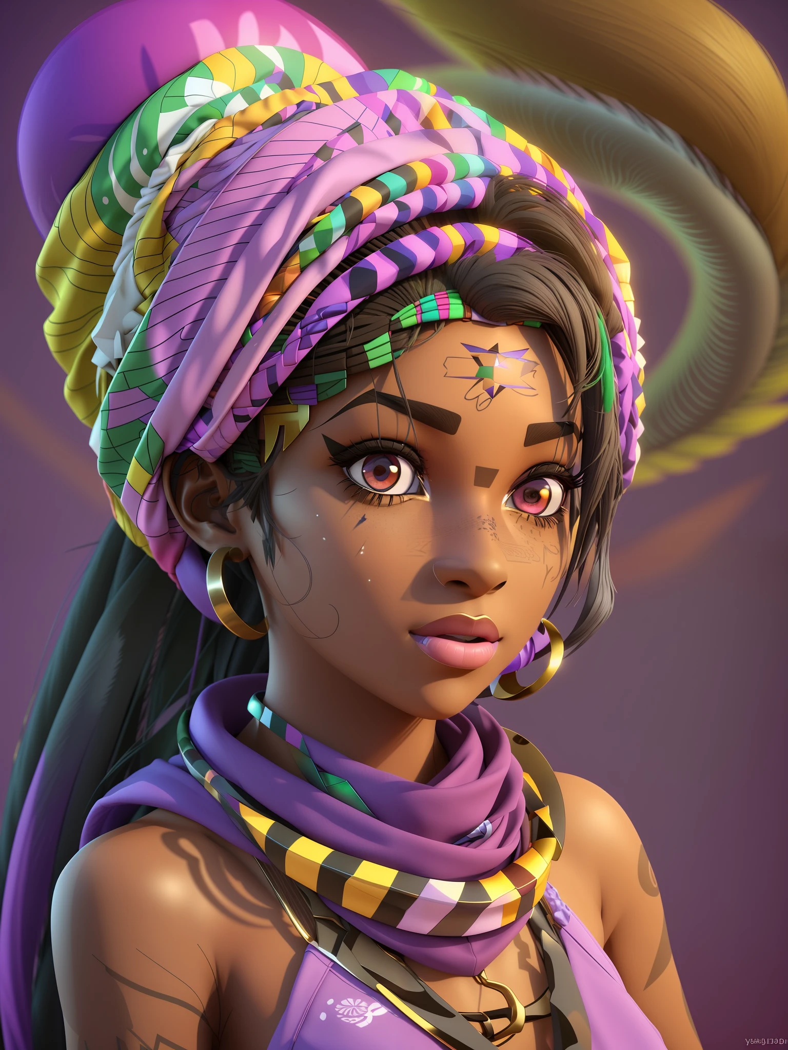 Young african goddess girl, a closeup of a cartoon character wearing a light purple hat and scarf, (heterochromia eyes), stylized character, animation character, stylized 3d render, 3d character, highly detailed character, stylized anime, stylized 3d, render character, character model