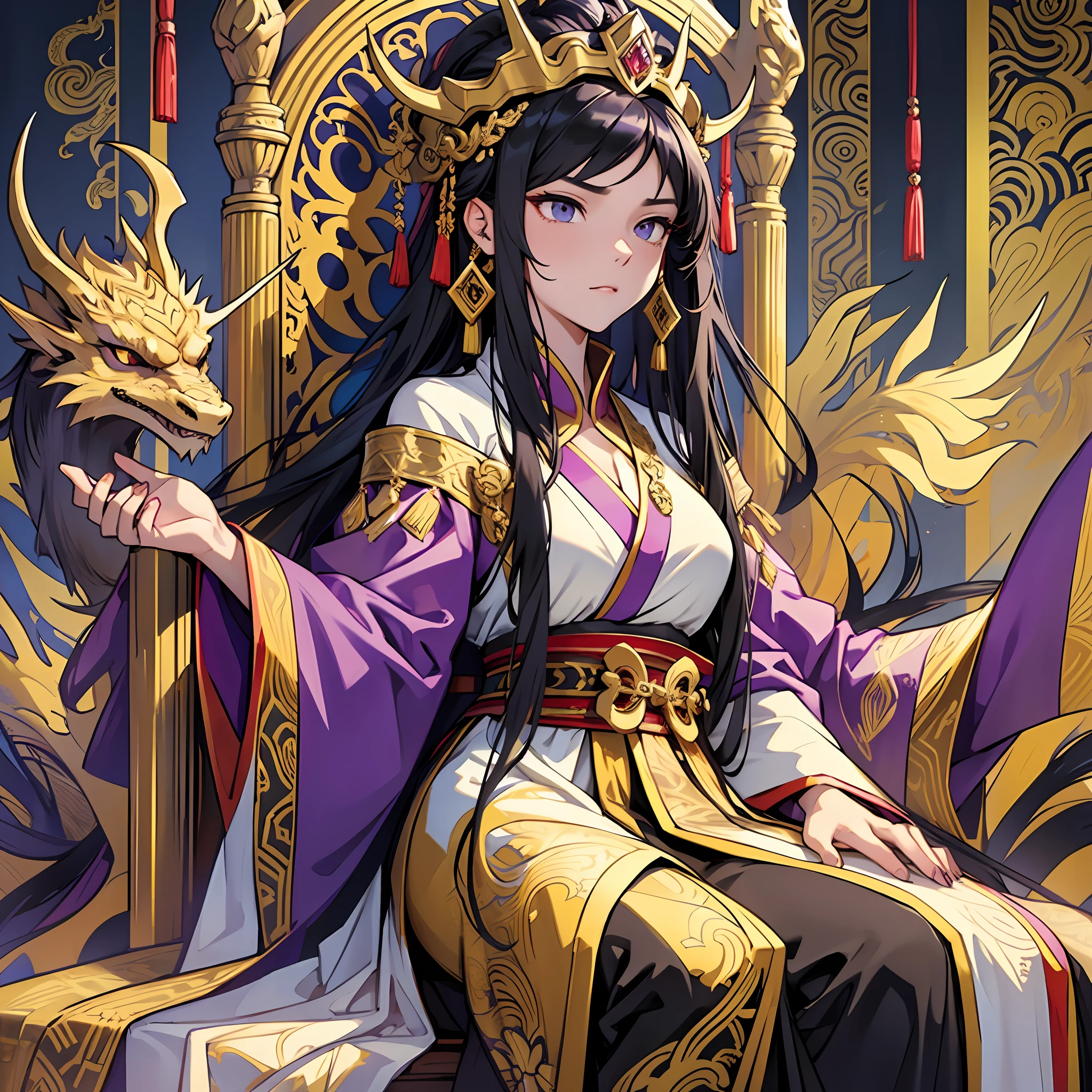 A woman, (female), wearing a yellow dragon robe, empress, wearing a purple-gold crown on her head, sitting on a throne, with a serious face, long black hair, Hanfu, ancient, court background, palace hall