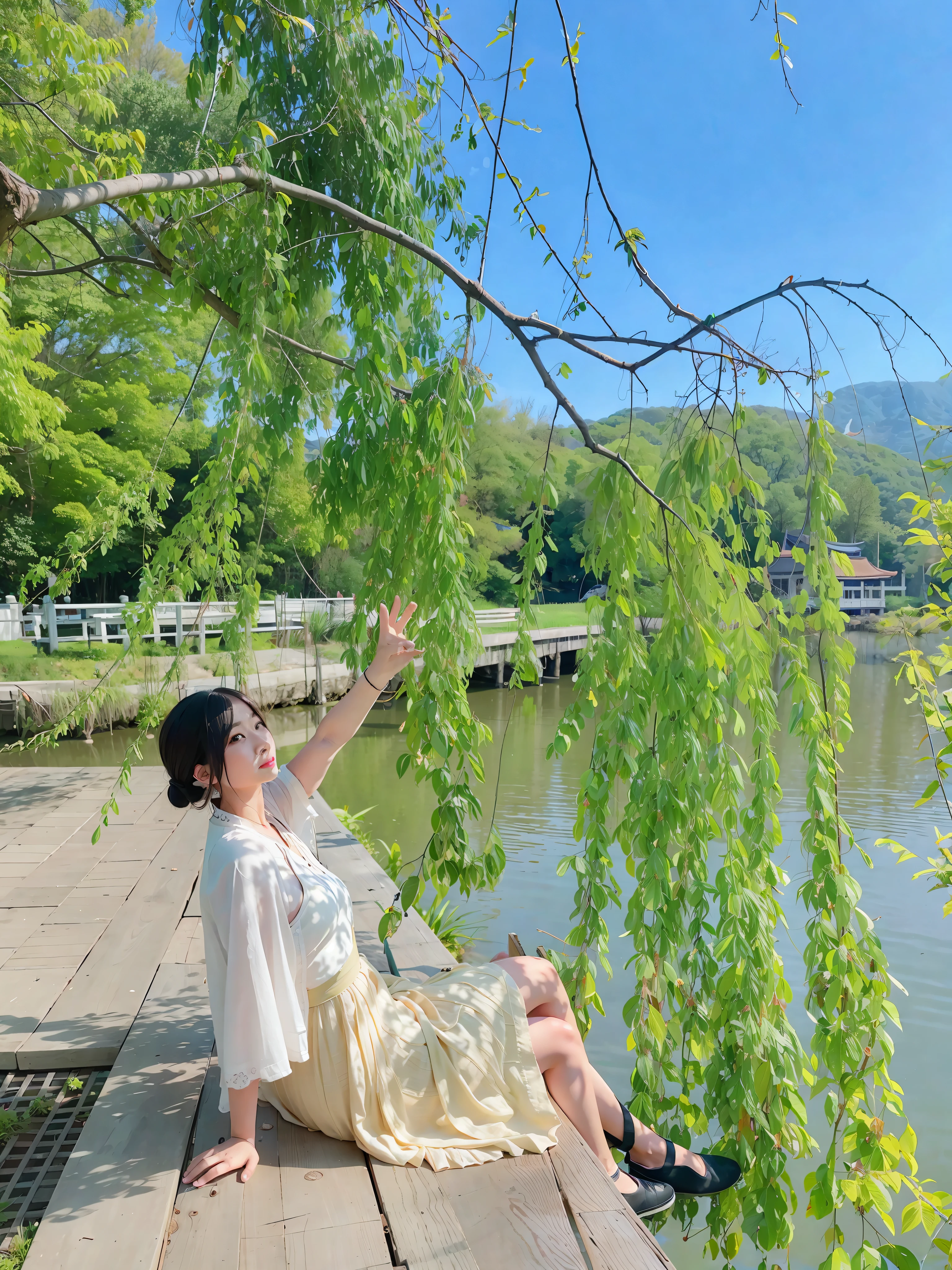 woman sitting on a dock next to a lake and a tree, inspired by Ma Yuanyu, inspired by Tang Yifen, xintong chen, white hanfu, inspired by Huang Ji, in a park and next to a lake, xue han, peaceful and graceful, sha xi, li zixin, jinyiwei, inspired by Cui Bai