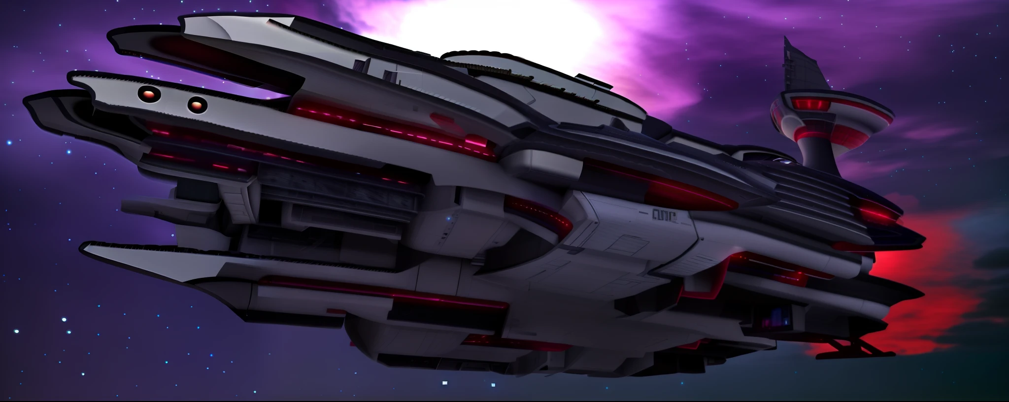 Please create a variation of this spaceship in a realistic 3D photograph, flying between the clouds, with an aspect ratio of 16:9. The ship can have any style or color and the scene can include dramatic clouds and dynamic lighting. The quality should be the best possible to get an excellent result.