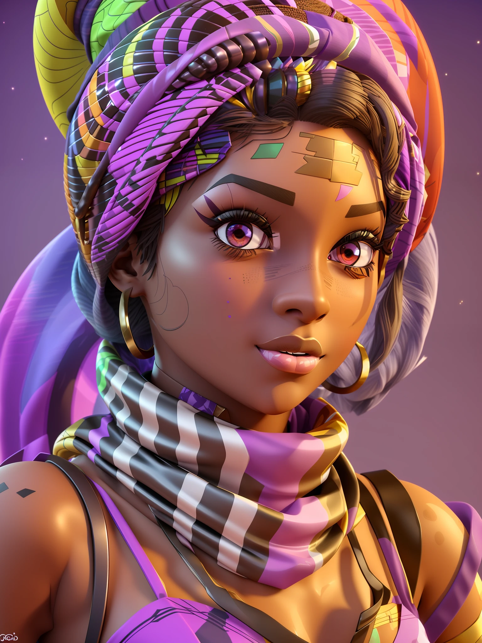Young african goddess girl, a closeup of a cartoon character wearing a light purple hat and scarf, (heterochromia eyes), stylized character, animation character, stylized 3d render, 3d character, highly detailed character, stylized anime, stylized 3d, render character, character model