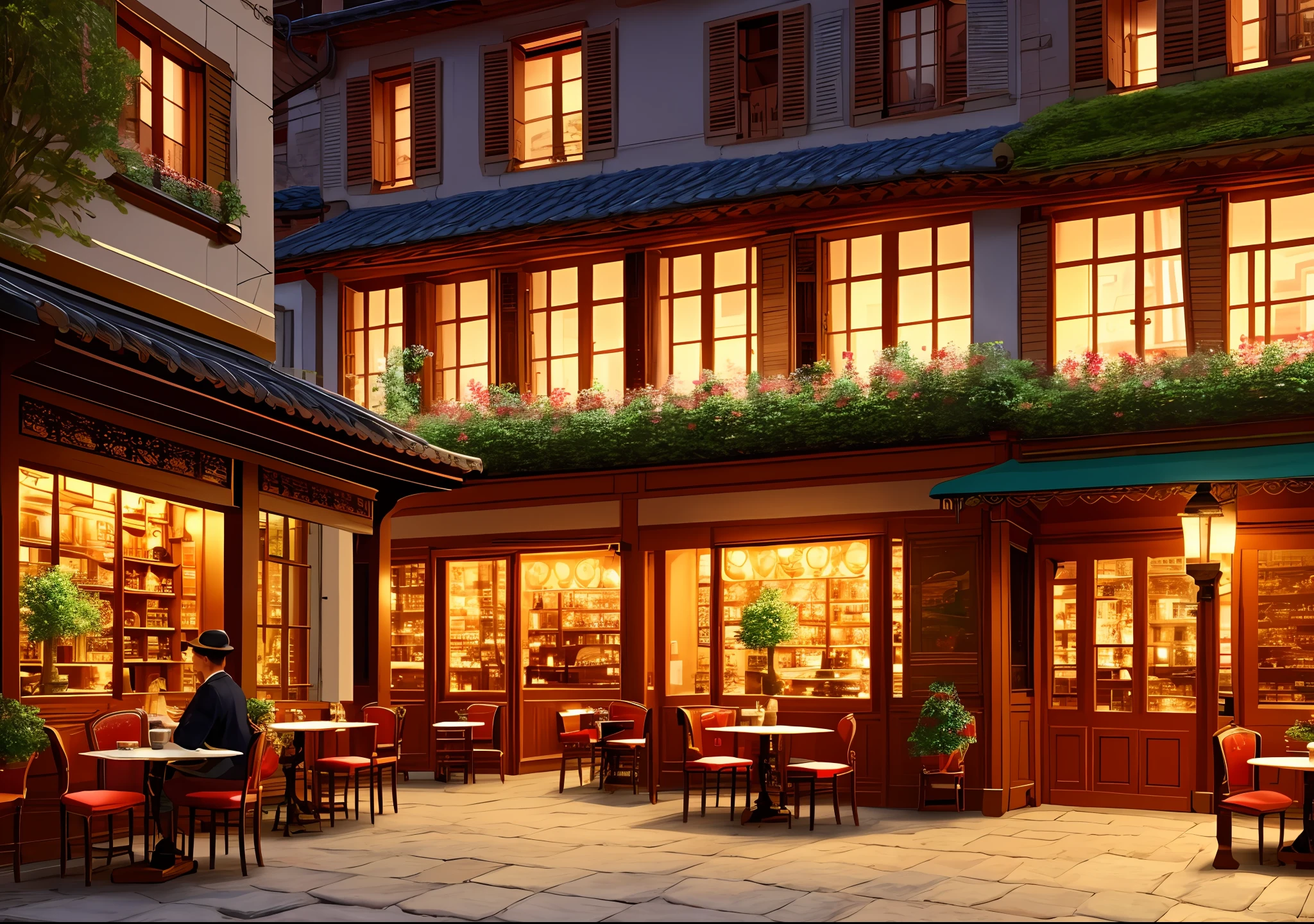 Traditional-style French café on the streets of Shanghai, terrace in the shade of century-old plane trees, intimate atmosphere around coffee and tea, Unreal Engine rendering, surrealism, hyper-detail, oil painting, warm tones, happy, impressionism, Leonardo da Vinci, 4k