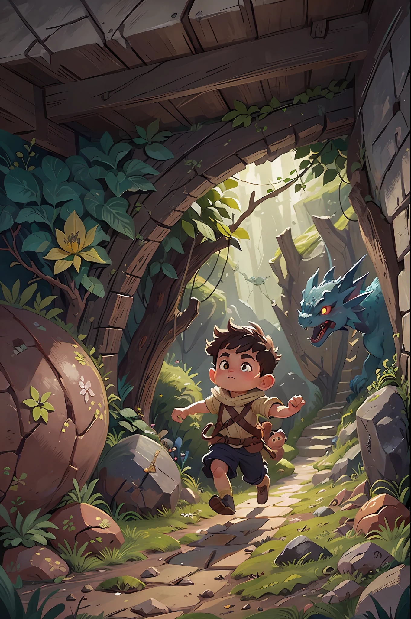 A medieval boy is running on the dark cave, with a round face, a dragon are following her, and wild rocks are blooming all over the floor.