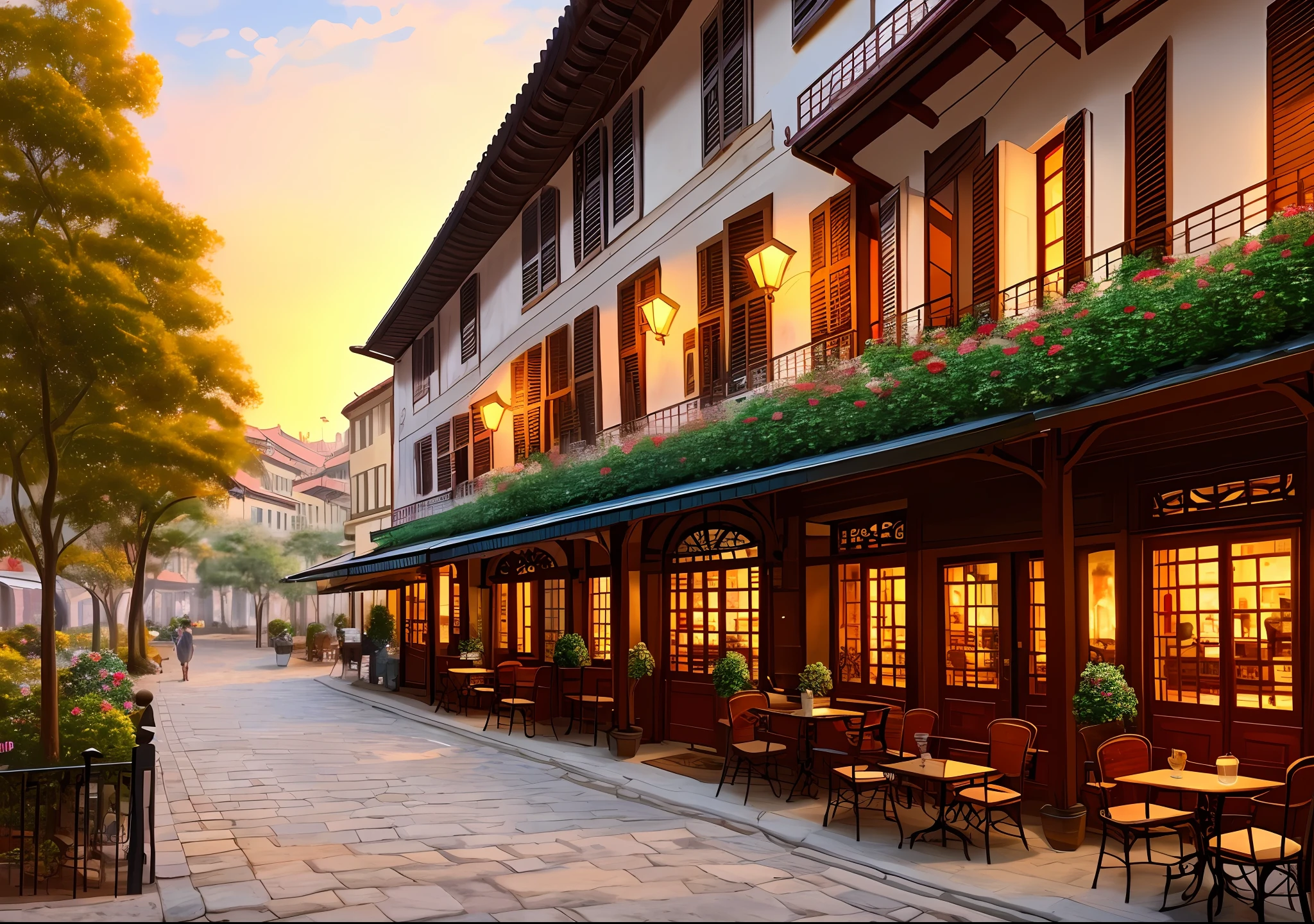 Traditional-style French café on the streets of Shanghai, terrace in the shade of century-old plane trees, intimate atmosphere around coffee and tea, Unreal Engine rendering, surrealism, hyper-detail, oil painting, warm tones, happy, impressionism, Leonardo da Vinci, 4k