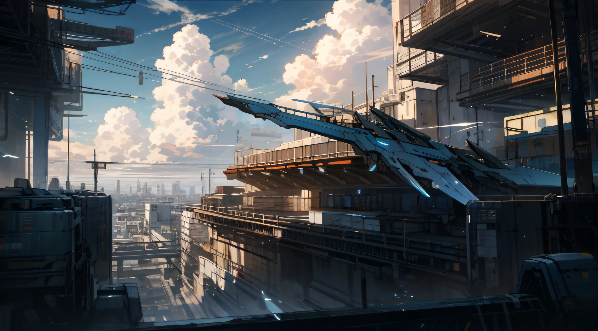 sky, cloud, holding_weapon, no_humans, glow, architecture, science fiction, urban, reality --v6