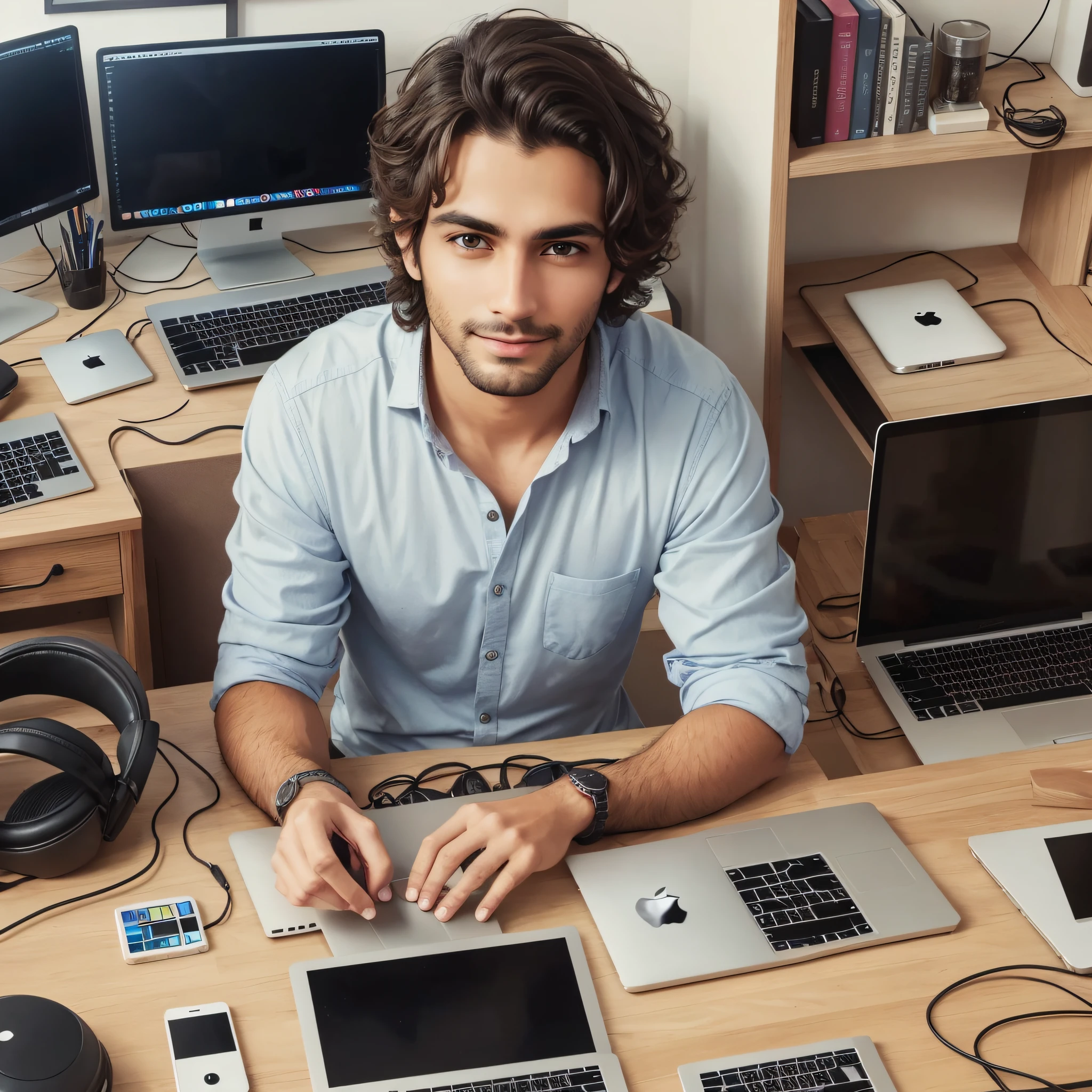 Software developer with 27 years light brunette, brown eyes, combed hair, working with macbook with three auxiliary screens, photo realistic --auto --s2