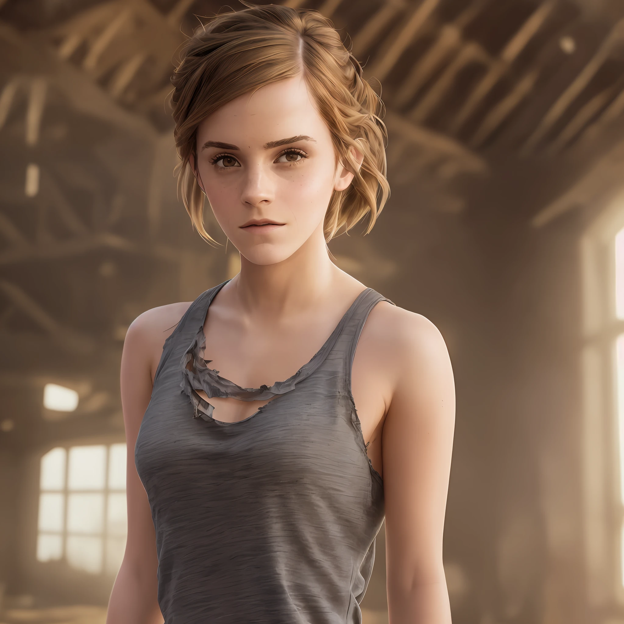 (((Emma Watson))), Hyperreal photo of ((Woman in a crowded barn wearing a sexy worn, torn cotton tank top)), ((detailed realistic face and eyes)), cinematic lighting, 8K resolution, (model shooting style), sunset, (from_below:1.4), soft small, covered by (torn, torn cotton tank top), natural breasts