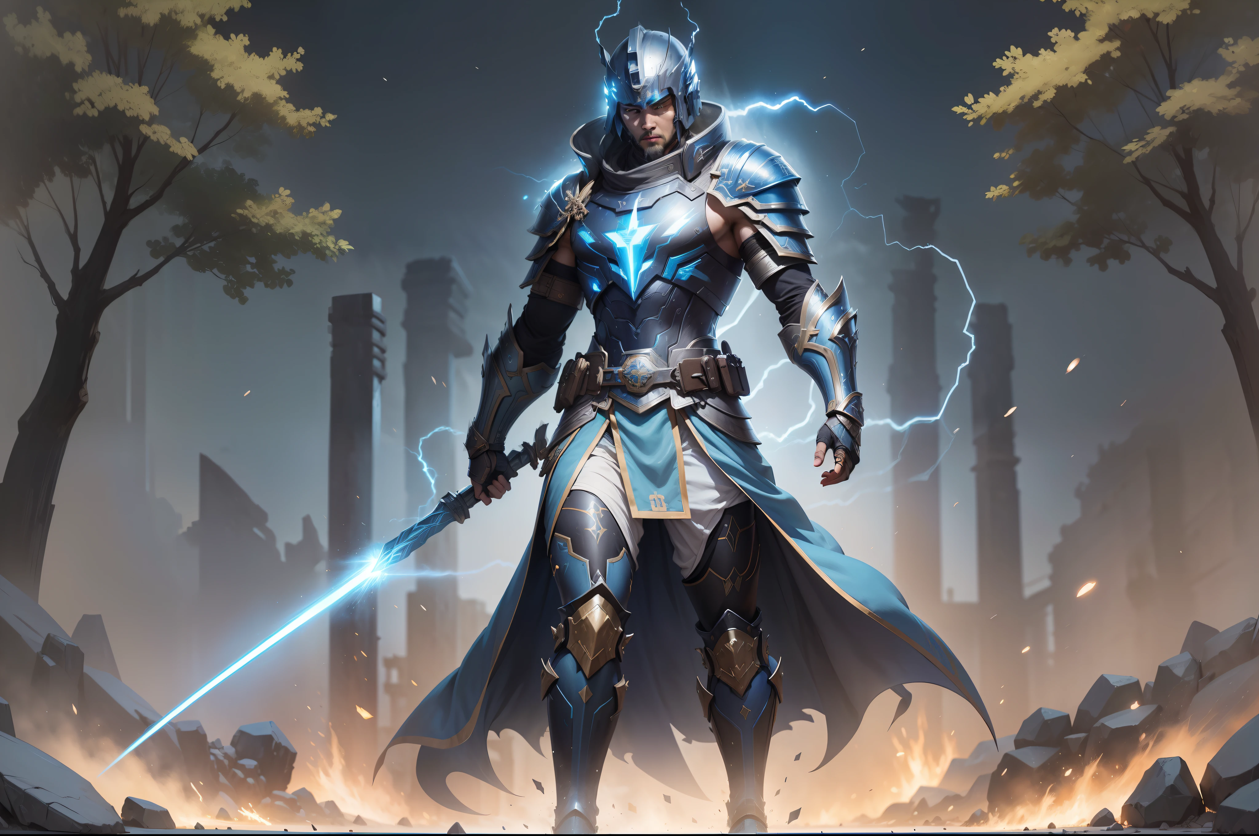 (General in ancient armor: 1.2), blue and black lightning light effect particles emitted on the body, (background of ancient battlefield on the border of Qin Kingdom: 1.1), (best quality), full body, ultra-wide angle, clear HD, 8K resolution, digital painting, concept art, Shinkai Makoto style, POP trend, Pixiv hot trend